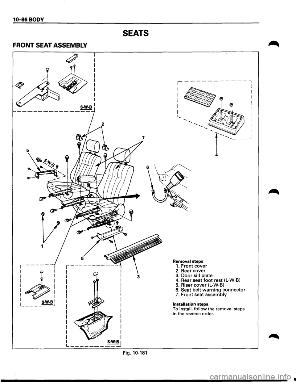 ISUZU TROOPER 1995  Workshop Manual 10-86BODY 
FRONT SEAT ASSEMBLY 
~ : I 
I I 
1 
,-----
1 0 
:  t 
:~ 
~~, 
I S·W·BI L ______ :J 
I 
I 
I 
I 
I I I 
I 
I I 
I S·W·B 
r-----------
1 q 
! 1 I ! .. 
~~ 
I 
I 
I 
I 
I  I 
L _______ S�
