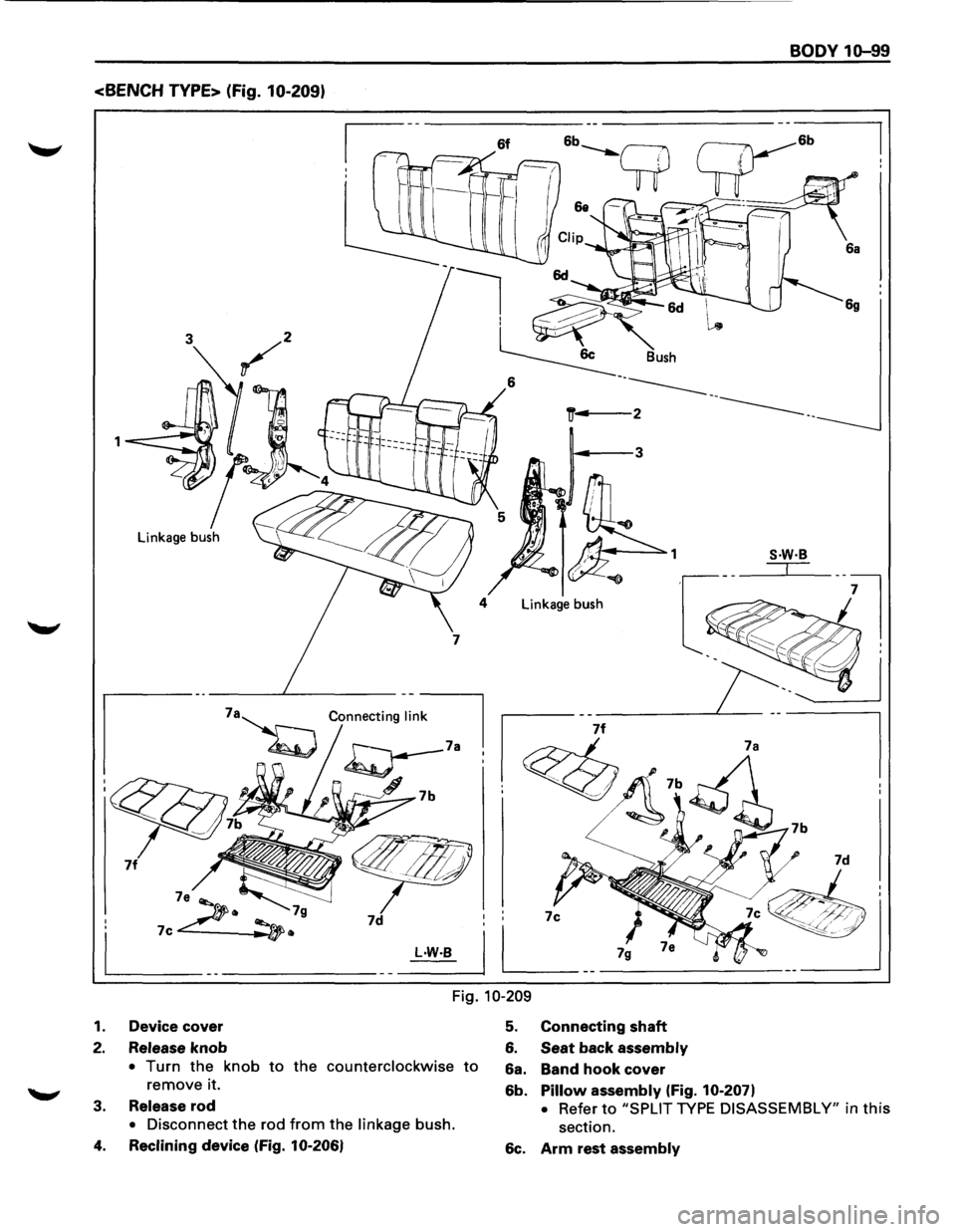 ISUZU TROOPER 1995  Workshop Manual ,__,. 
<BENCH TYPE> (Fig. 10-209) 
3 
1 
Linkage bush 
7d 
--L·W·B I 
Linkage bush 
7c 
BODY 1D-99 
S·W·B 
==c= 
6g 
L ___ _ 
Fig. 10-209 
1. Device cover 5. Connecting shaft 
2. Release knob 6. S
