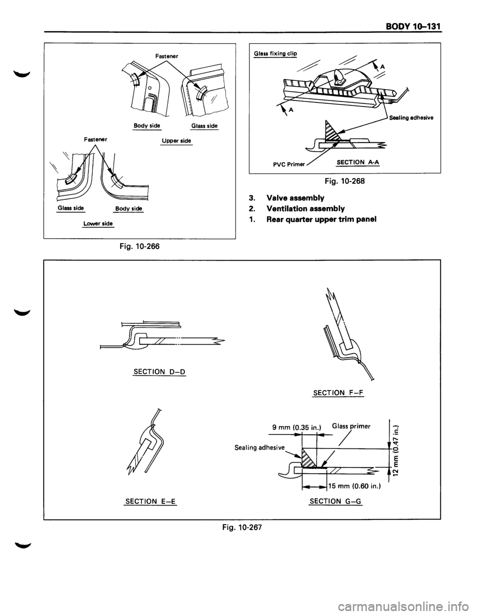 ISUZU TROOPER 1995  Workshop Manual Fastener 
Body  side 
Glass side 
Fastener  Upper side 
Glass side 
Body side 
Lower side 
Fig. 10-266 
SECTION D-D 
SECTION E-E 
BODY 1G-131 
Glass fixing clip 
SECTION A·A 
Fig.  10-268 
3. Valve  