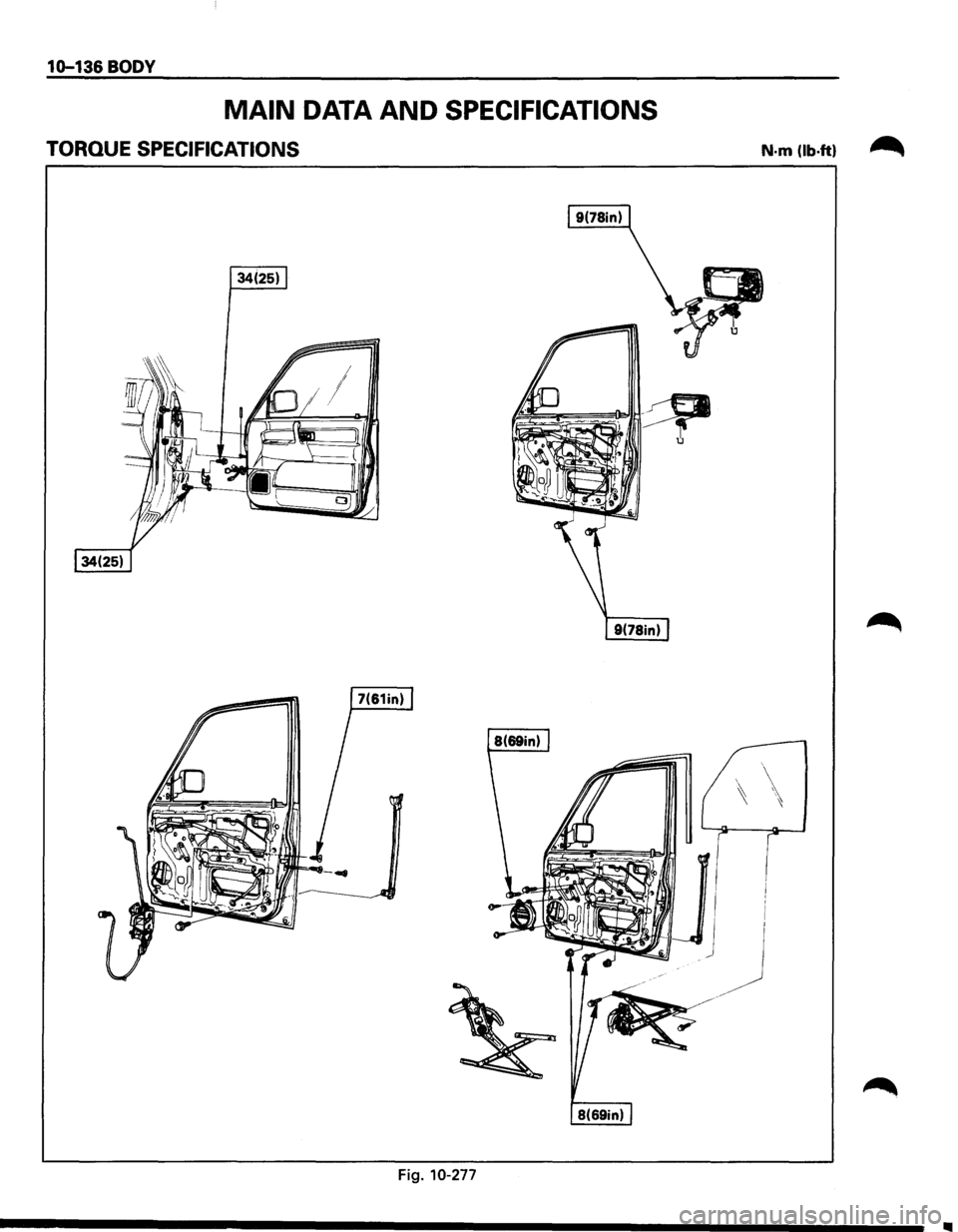 ISUZU TROOPER 1995  Workshop Manual 10-136 BODY 
MAIN DATA AND SPECIFICATIONS 
TORQUE SPECIFICATIONS 
34(25) 
Fig. 10-277 
N·m (lb.ft) ~ 
   