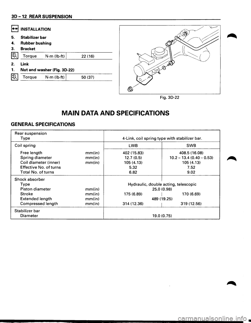 ISUZU TROOPER 1995  Workshop Manual 3D -12 REAR SUSPENSION 
l+•liNSTALLATION 
5. Stabilizer bar 
4. Rubber bushing 
3. Bracket 
~~~ Torque N·m (lb.ft) I 22 (16) 
2.  Link 
1. Nut and washer (Fig. 30-22) 
~~~ Torque N-m  (lb·ft) I 50