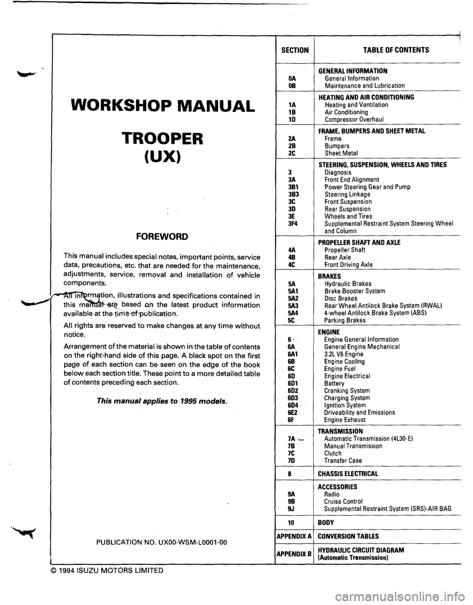 ISUZU TROOPER 1995 Workshop Manual •:1
SECTION TABLE OF CONTENTS
. GENERAL INFORMATION OA General Information OB Maintenance and Lubrication
WORKSHOP MANUAL
HEATING AND AIR CONDITIONING 1A Heating and Ventilation
1B Air Conditio ISUZU TROOPER 1995 Workshop Manual •:1
SECTION TABLE OF CONTENTS
. GENERAL INFORMATION OA General Information OB Maintenance and Lubrication
WORKSHOP MANUAL
HEATING AND AIR CONDITIONING 1A Heating and Ventilation
1B Air Conditio