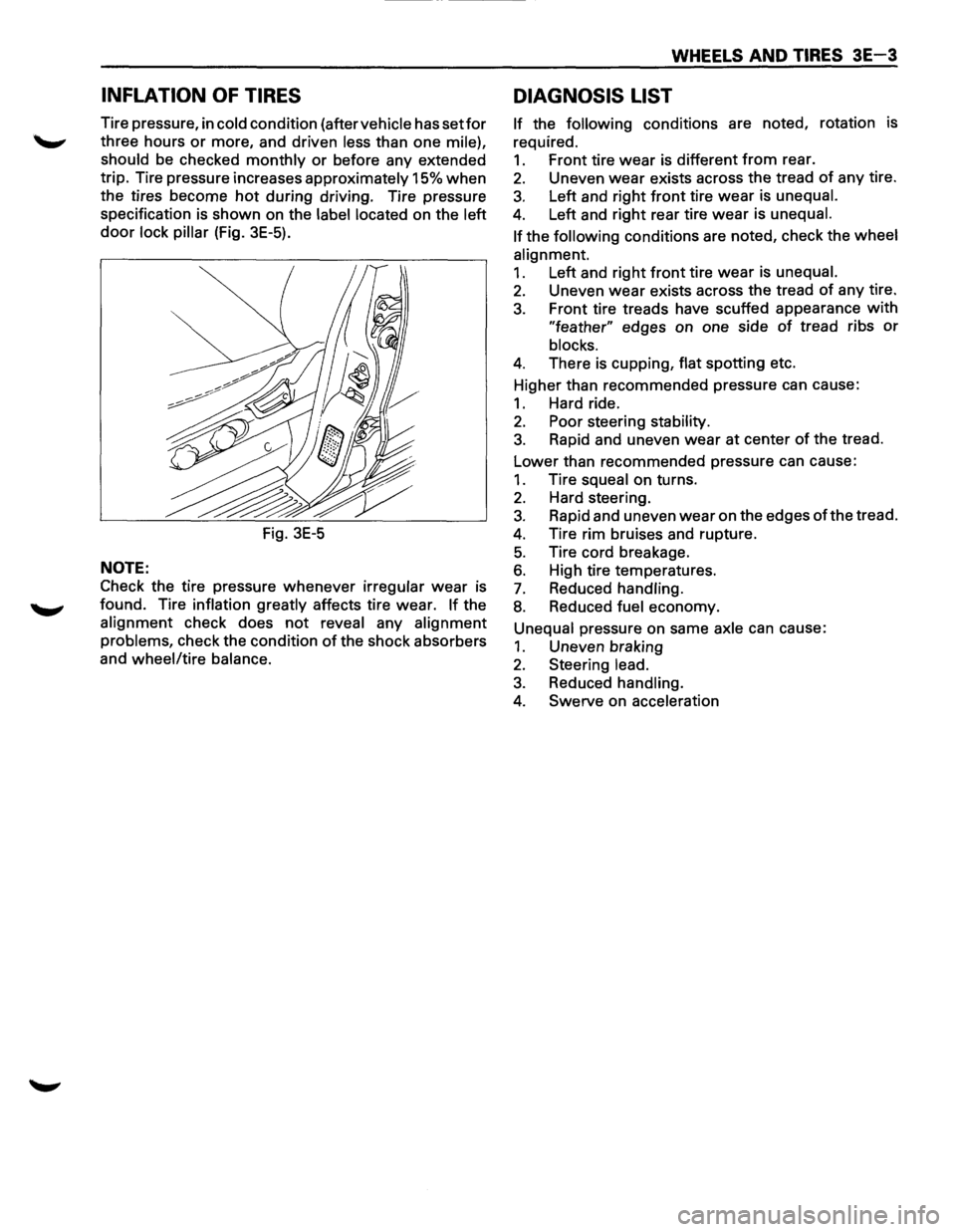 ISUZU TROOPER 1995  Workshop Manual INFLATION OF TIRES 
Tire pressure,  in cold condition (after vehicle has setfor 
three hours or more,  and driven less than  one mile), 
should 
be  checked monthly or before  any extended 
trip.  Tir