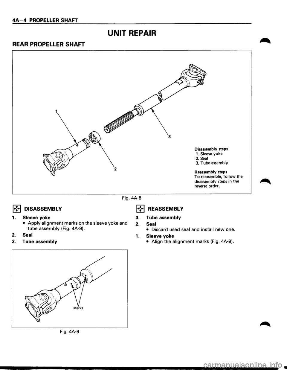 ISUZU TROOPER 1995  Workshop Manual 4A-4 PROPELLER SHAFT 
UNIT REPAIR 
REAR PROPELLER SHAFT 
1 
2 
Disassembly steps 
1. 
Sleeve yoke 
2. 
Seal 3. Tube  assembly 
Reassembly  steps 
To reassemble, follow the 
disassembly  steps 
in the 