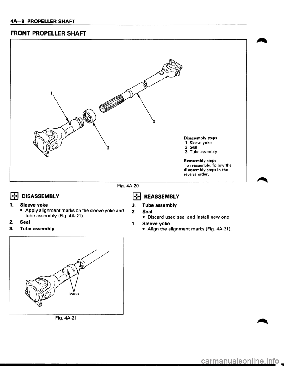 ISUZU TROOPER 1995  Workshop Manual 4A-8 PROPELLER SHAFT 
FRONT PROPELLER SHAFT 
1 
3 
2 
Disassembly steps 
1. 
Sleeve yoke 
2. Seal 3.  Tube assembly 
Reassembly 
steps To reassemble,  follow the disassembly steps in the reverse order
