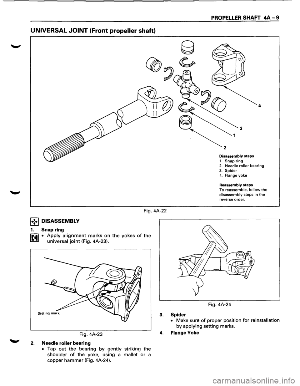 ISUZU TROOPER 1995  Workshop Manual UNIVERSAL JOINT (Front propeller shaft) 
PROPELLER SHAFT 4A-9 
4 
Disassembly steps 
1. Snap ring 2. Needle roller bearing 
3. Spider 4. Flange  yoke 
Reassembly steps 
To  reassemble, follow the 
dis