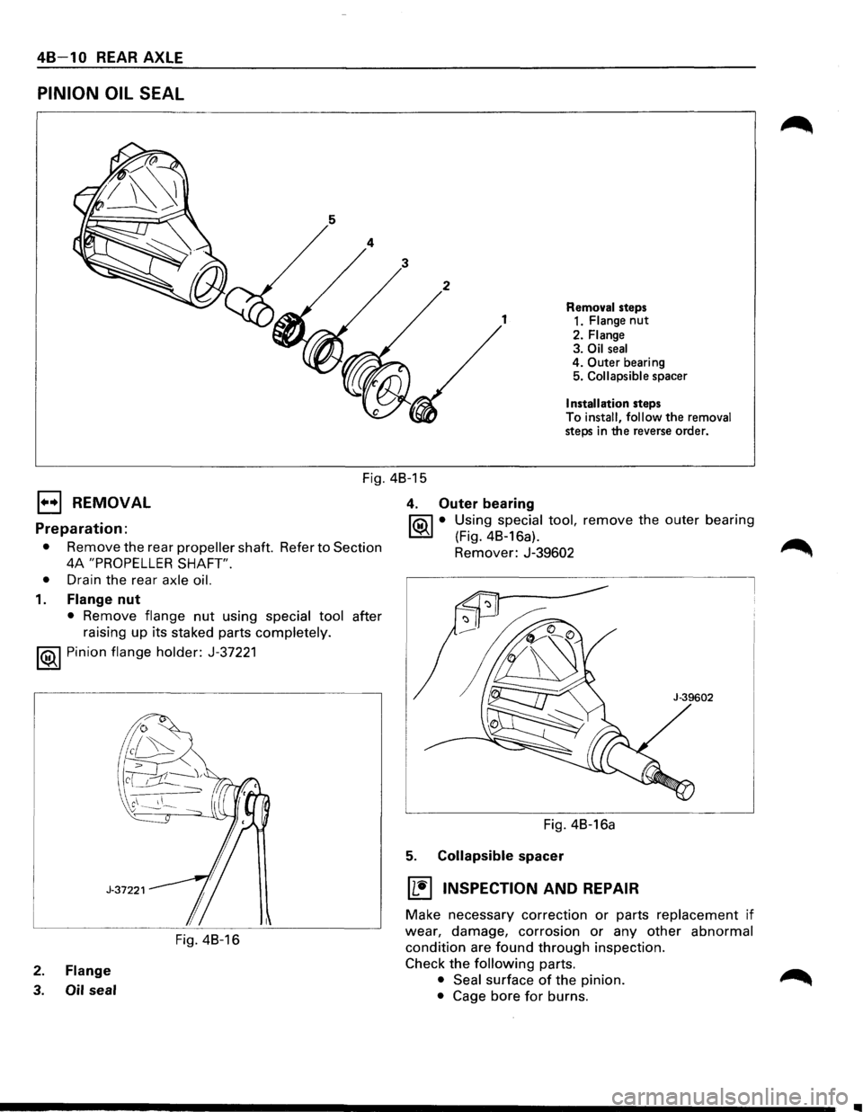 ISUZU TROOPER 1995  Workshop Manual 48-1 0 REAR AXLE 
PINION OIL SEAL 
Removal steps 
1 1. Flange nut 
2. Flange 3. Oil seal 4. Outer bearing 
5. Collapsible spacer 
Installation steps 
To 
install,  follow the removal steps in the reve