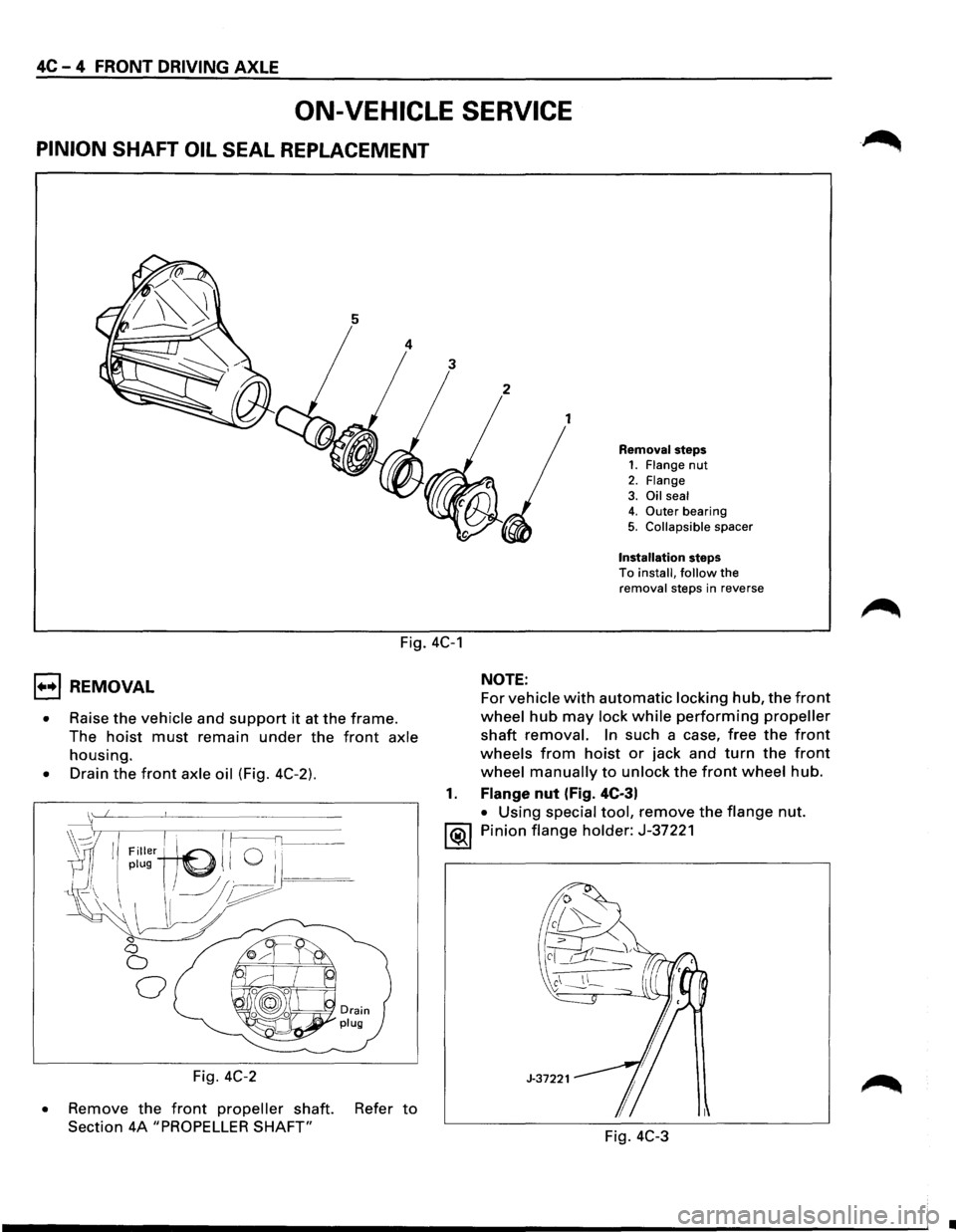 ISUZU TROOPER 1995  Workshop Manual 4C-4 FRONT DRIVING AXLE 
ON-VEHICLE  SERVICE 
PINION SHAFT OIL SEAL REPLACEMENT 
1 
Removal steps 1. Flange nut 
2. Flange 3. Oil seal 4. Outer bearing 
5. Collapsible spacer 
Installation steps To in