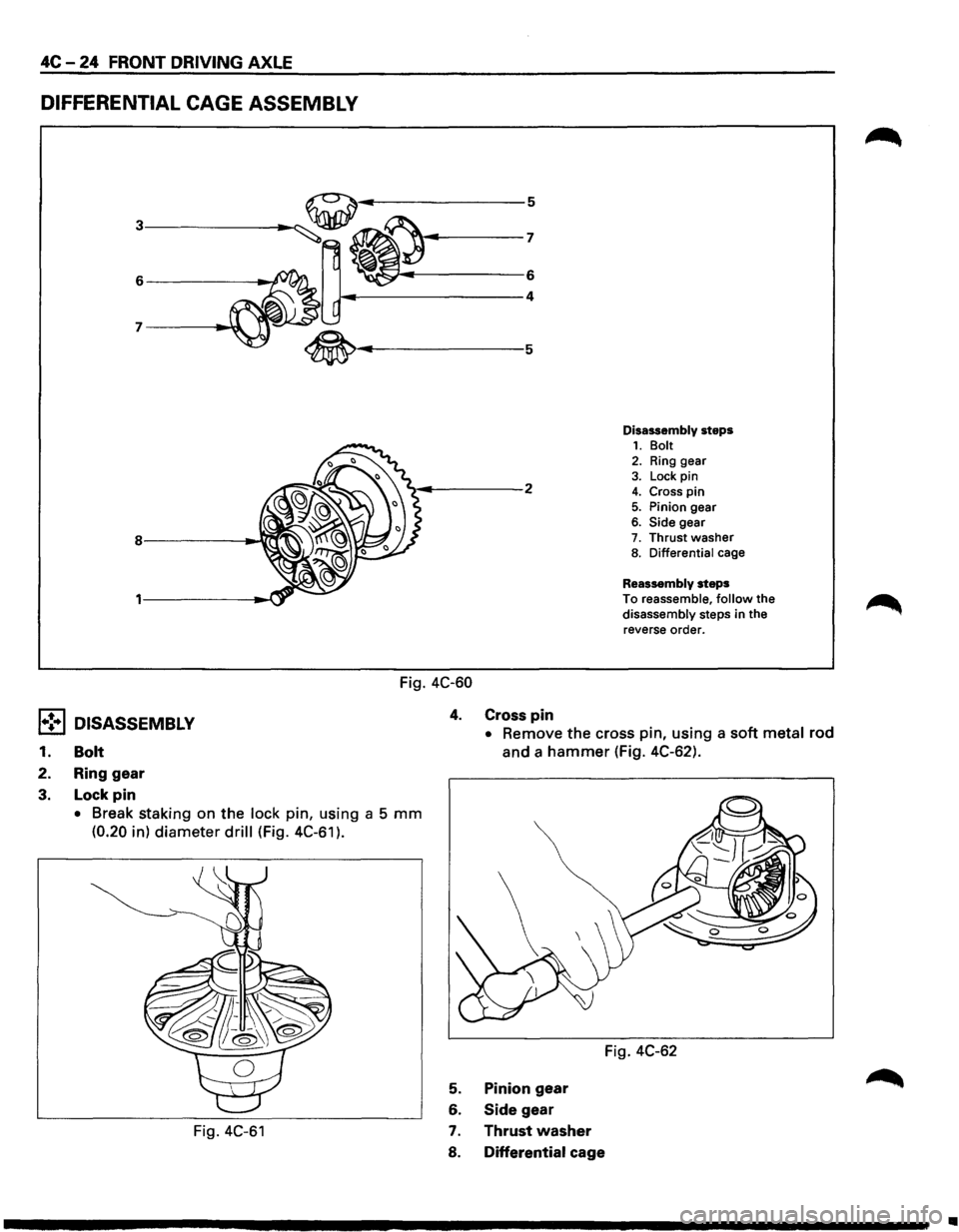 ISUZU TROOPER 1995  Workshop Manual 4C-24 FRONT DRIVING AXLE 
DIFFERENTIAL CAGE ASSEMBLY 
~~~------------6 
~----------------4 
Fig. 4C-60 
4. Cross pin 
Disassembly steps 1. Bolt 2. Ring gear 
3. Lock pin 4. Cross pin 5. Pinion  gear 6