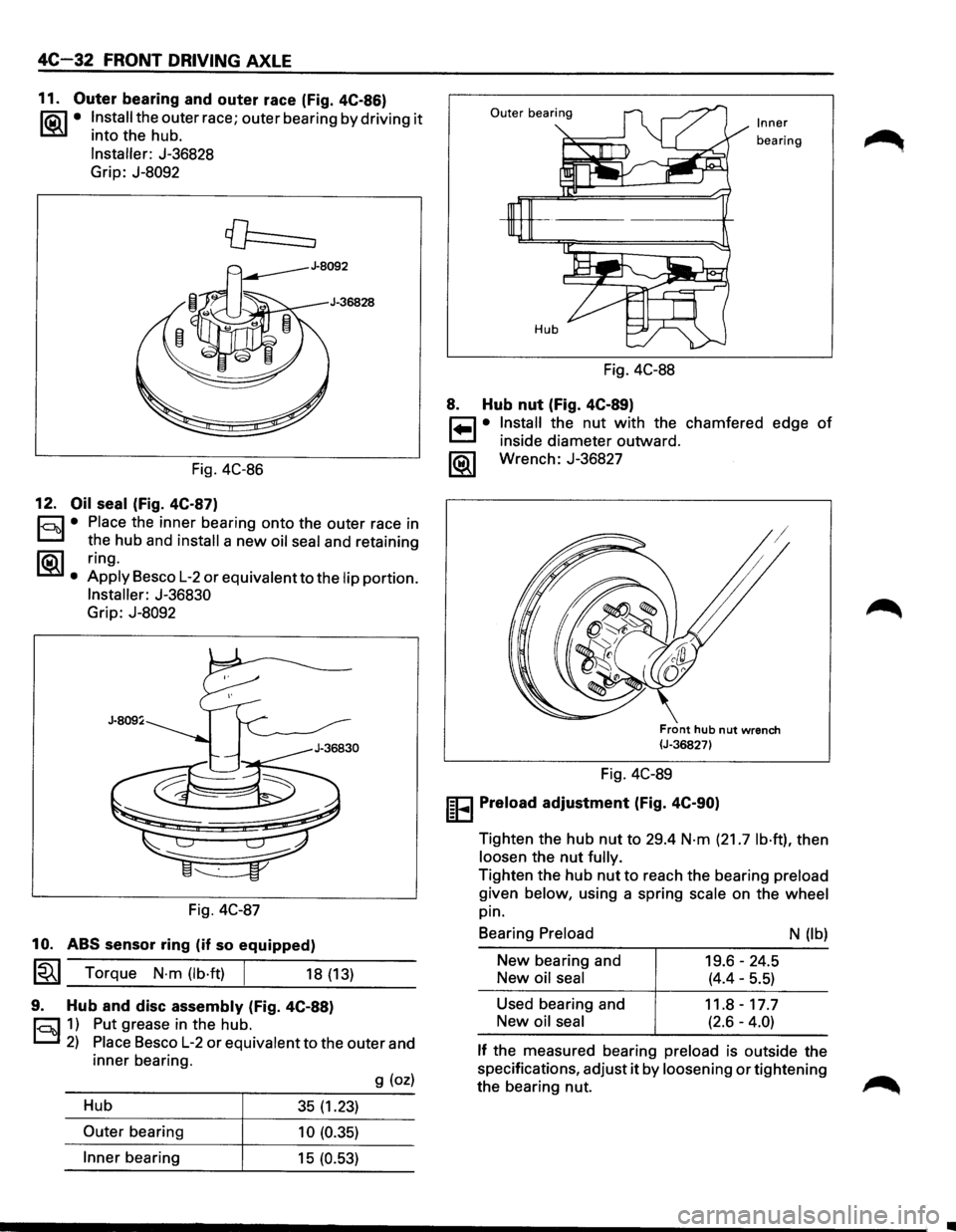 ISUZU TROOPER 1995 Workshop Manual 4C-32 FRONT DRIVING AXLE
11. Outer bearing and outer race (Fig. 4C-86)
li5\l • Install the outer race; outer bearing by driving it
L::!iil into the hub.
Installer: J-36828
Grip: J-8092
Fig ISUZU TROOPER 1995 Workshop Manual 4C-32 FRONT DRIVING AXLE
11. Outer bearing and outer race (Fig. 4C-86)
li5\l • Install the outer race; outer bearing by driving it
L::!iil into the hub.
Installer: J-36828
Grip: J-8092
Fig