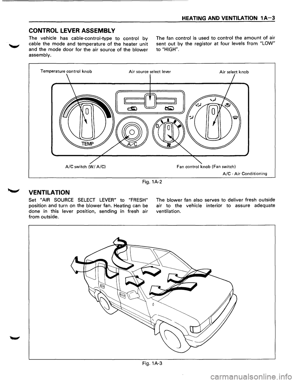 ISUZU TROOPER 1995  Workshop Manual CONTROL LEVER ASSEMBL V 
The vehicle has cable-control-type to control by 
cable the mode  and temperature of the heater unit 
and  the mode door for the air source of the blower 
assembly. 
HEATING A