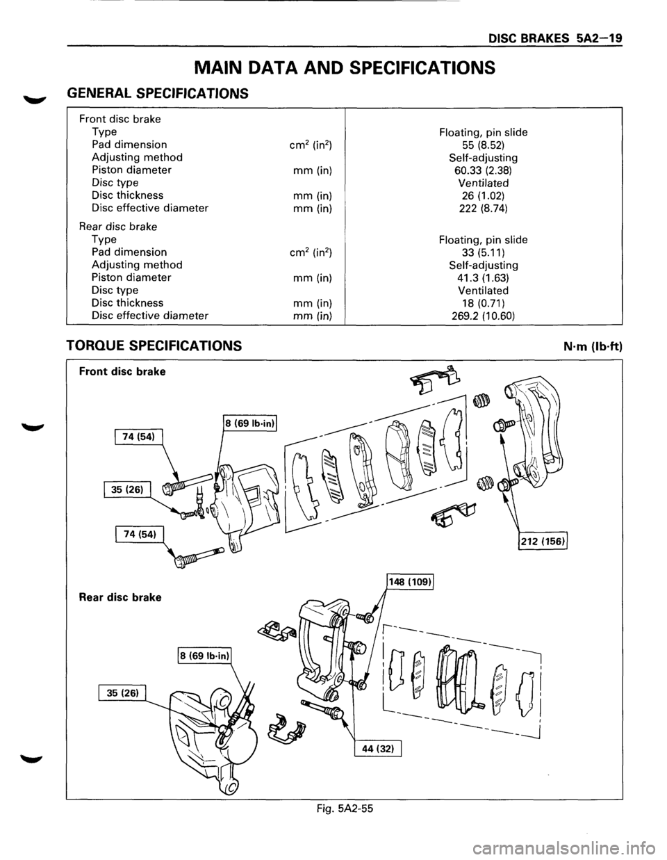 ISUZU TROOPER 1995  Workshop Manual DISC BRAKES 5A2-19 
MAIN DATA AND SPECIFICATIONS 
~ GENERAL SPECIFICATIONS 
Front disc brake 
Type 
Floating, pin slide 
Pad dimension cm2 (in2 ) 55 (8.52) 
Adjusting method Self-adjusting 
Piston 
di