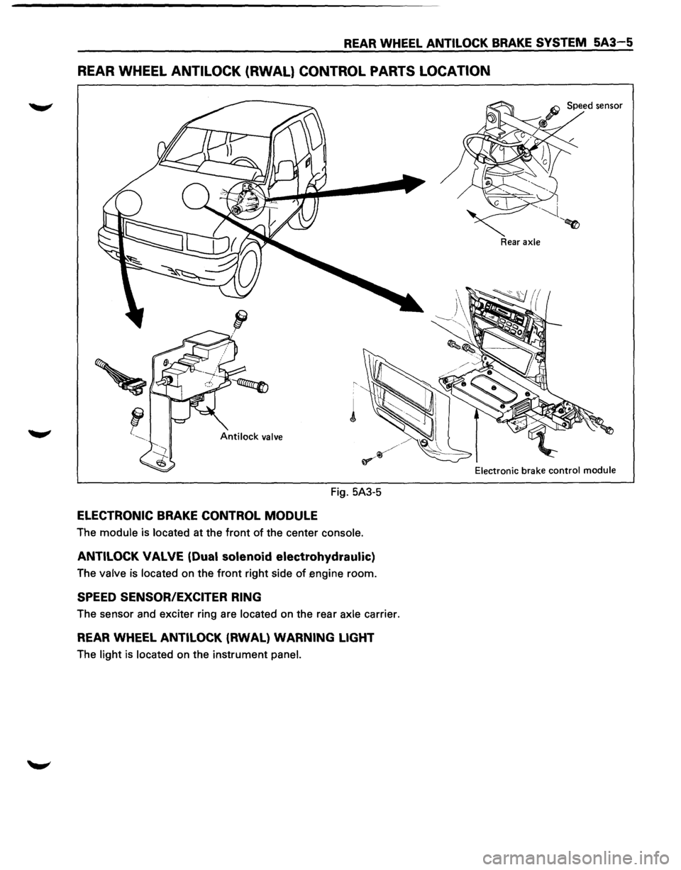 ISUZU TROOPER 1995  Workshop Manual REAR WHEEL ANTILOCK BRAKE SYSTEM 5A3-5 
REAR  WHEEL ANTILOCK (RWAL} CONTROL PARTS LOCATION 
Fig. 5A3-5 
ELECTRONIC  BRAKE CONTROL MODULE 
The module is located at the front of the center console. 
ANT