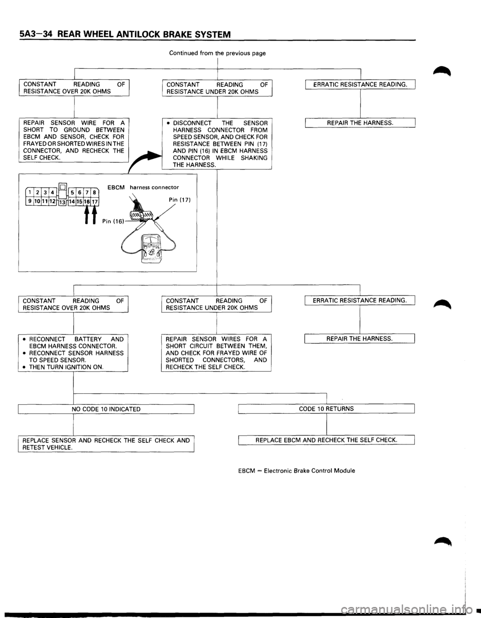 ISUZU TROOPER 1995  Workshop Manual 5A3-34 REAR WHEEL ANTILOCK BRAKE SYSTEM 
CONSTANT READING OF RESISTANCE OVER 20K OHMS 
REPAIR  SENSOR  WIRE 
FOR A SHORT TO GROUND BETWEEN EBCM AND SENSOR,  CHECK FOR FRAYED OR SHORTED WIRES IN THE CO