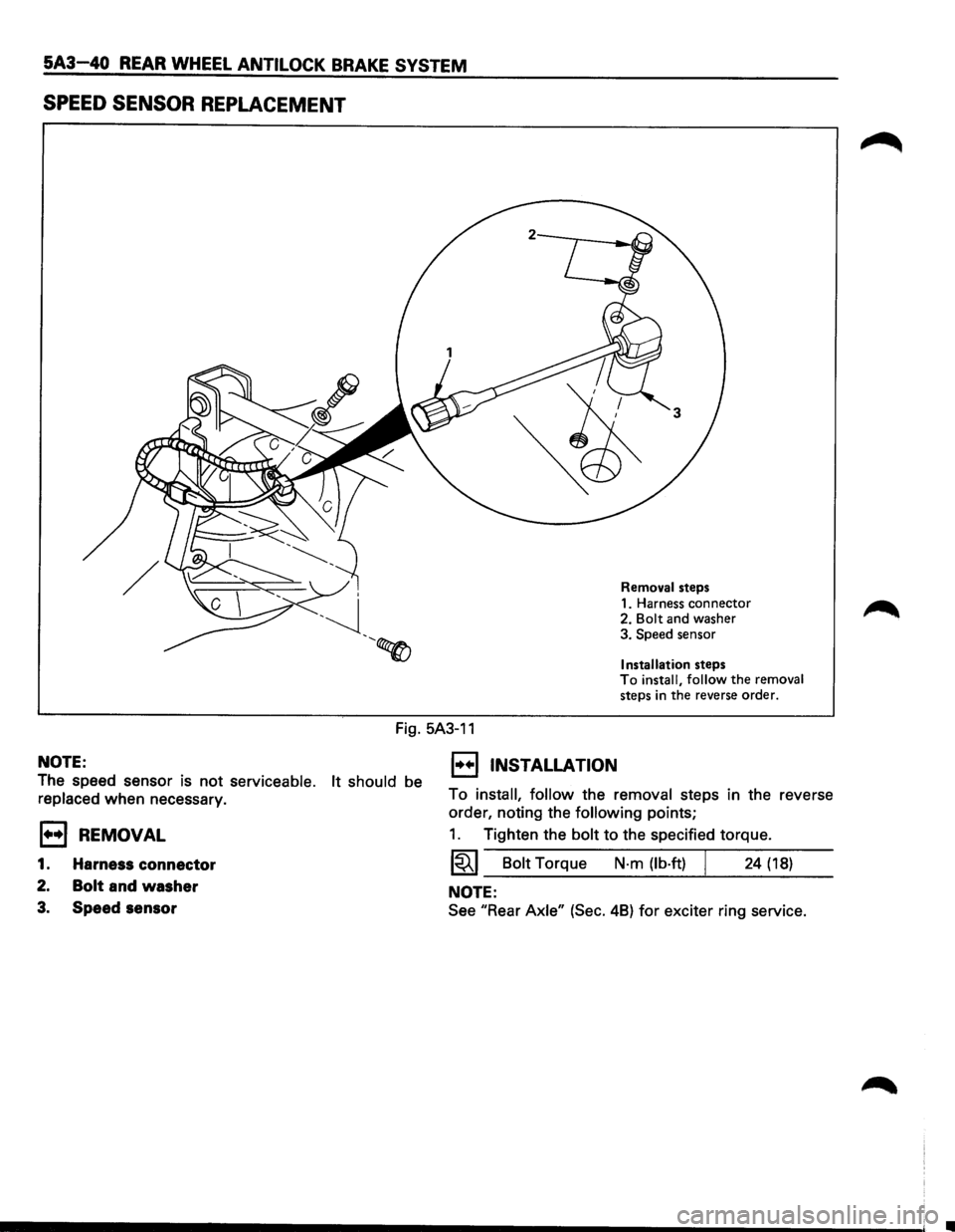 ISUZU TROOPER 1995  Workshop Manual 5A3-40 REAR WHEEL ANTILOCK BRAKE SYSTEM 
SPEED SENSOR REPLACEMENT 
Removal steps 
1. Harness connector 
2. 
Bolt and  washer 
3.  Speed  sensor 
Installation steps To install,  follow the removal 
ste
