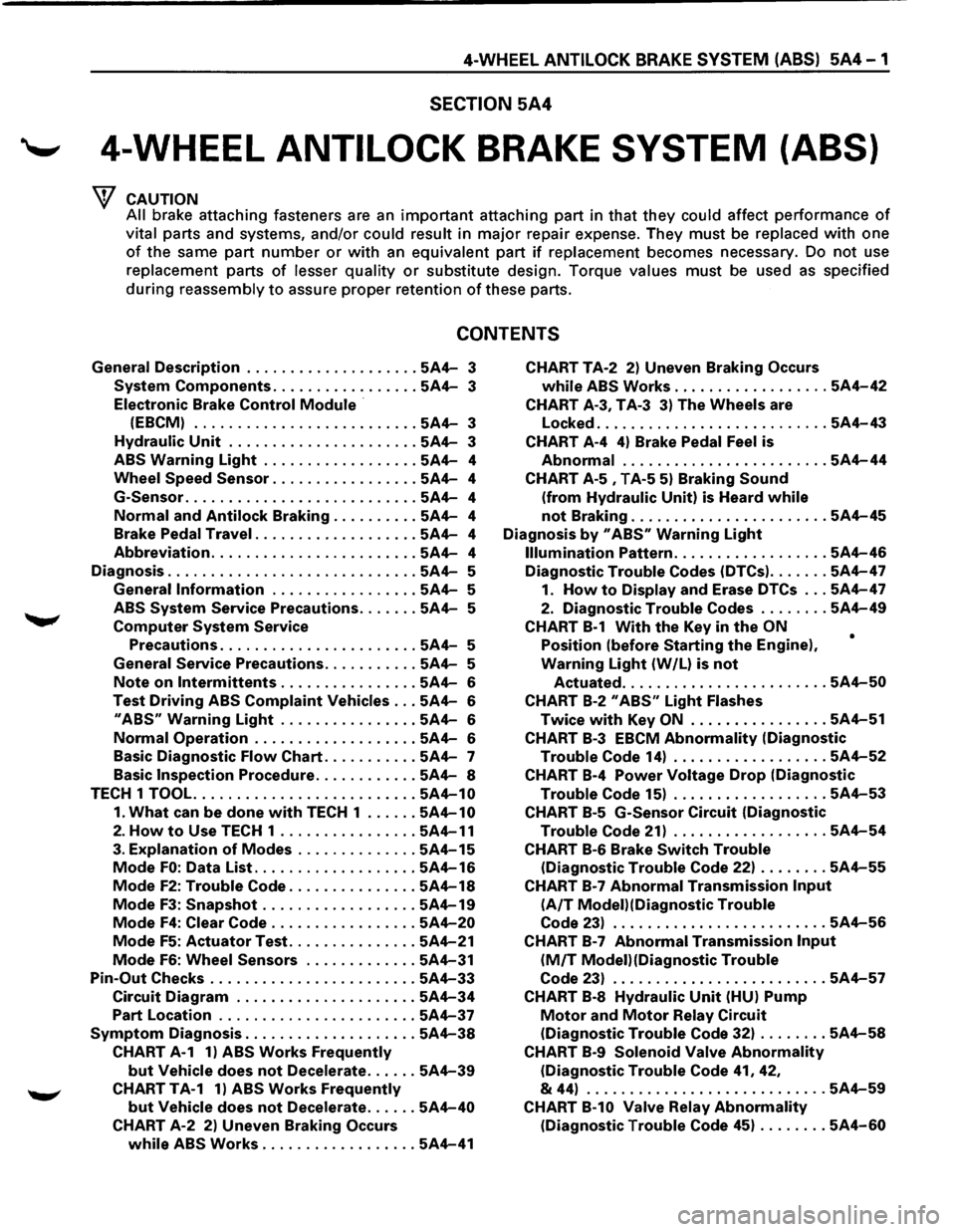 ISUZU TROOPER 1995 Workshop Manual 4-WHEEL ANTILOCK BRAKE SYSTEM (ABS) 5A4-1
SECTION 5A4
-- 4-WHEEL ANTILOCK BRAKE SYSTEM (ABS)
CAUTION
All
brake attaching fasteners are an important attaching part in that they could affect p ISUZU TROOPER 1995 Workshop Manual 4-WHEEL ANTILOCK BRAKE SYSTEM (ABS) 5A4-1
SECTION 5A4
-- 4-WHEEL ANTILOCK BRAKE SYSTEM (ABS)
CAUTION
All
brake attaching fasteners are an important attaching part in that they could affect p