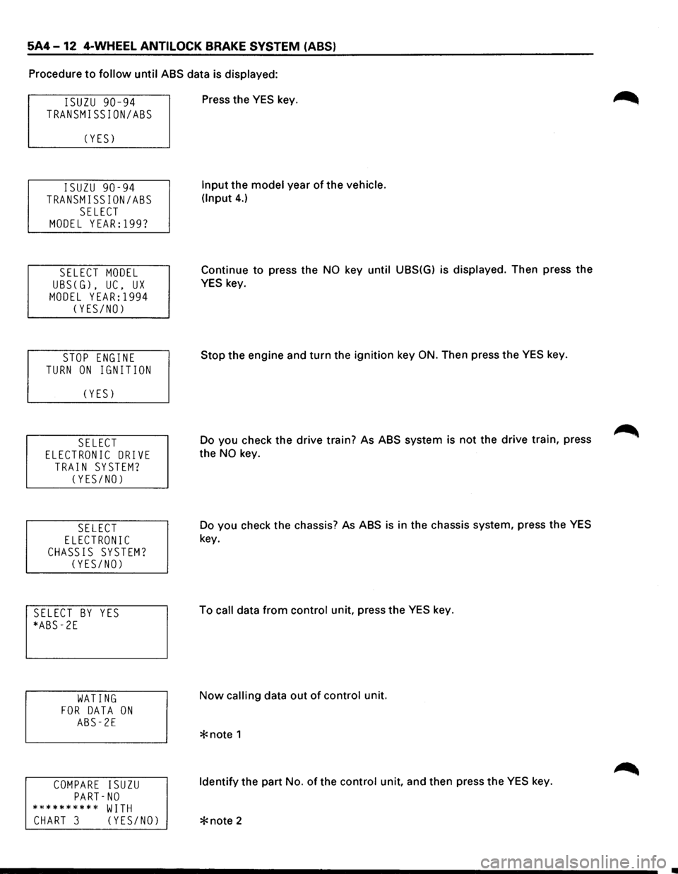 ISUZU TROOPER 1995 Workshop Manual 5A4-12 4-WHEEL ANTILOCK BRAKE SYSTEM (ABS)
Procedure to follow until ABS data is displayed:
ISUZU 90-94
TRANSMISSION/ASS
C YES)
ISUZU 90-94
TRANSMISSION/ASS
SELECT
MODEL YEAR:l99?
SELECT MO ISUZU TROOPER 1995 Workshop Manual 5A4-12 4-WHEEL ANTILOCK BRAKE SYSTEM (ABS)
Procedure to follow until ABS data is displayed:
ISUZU 90-94
TRANSMISSION/ASS
C YES)
ISUZU 90-94
TRANSMISSION/ASS
SELECT
MODEL YEAR:l99?
SELECT MO