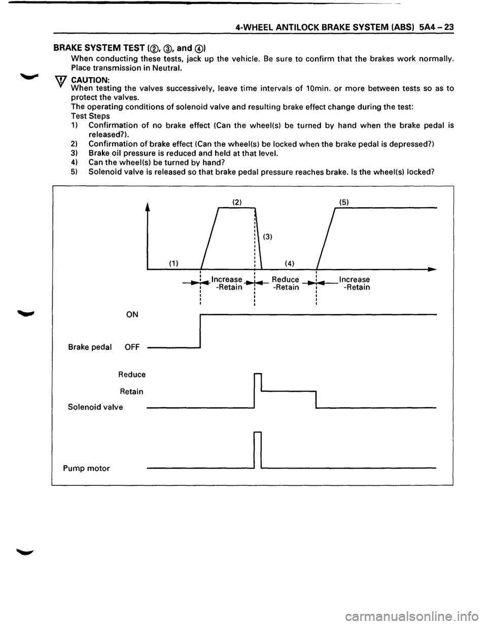 ISUZU TROOPER 1995 Workshop Manual 4-WHEEL ANTILOCK BRAKE SYSTEM (ABS) 5A4-23
BRAKE
SYSTEM TEST (®, @, and @)
When conducting these tests, jack up the vehicle. Be sure to confirm that the brakes work normally.
Place transmissi ISUZU TROOPER 1995 Workshop Manual 4-WHEEL ANTILOCK BRAKE SYSTEM (ABS) 5A4-23
BRAKE
SYSTEM TEST (®, @, and @)
When conducting these tests, jack up the vehicle. Be sure to confirm that the brakes work normally.
Place transmissi