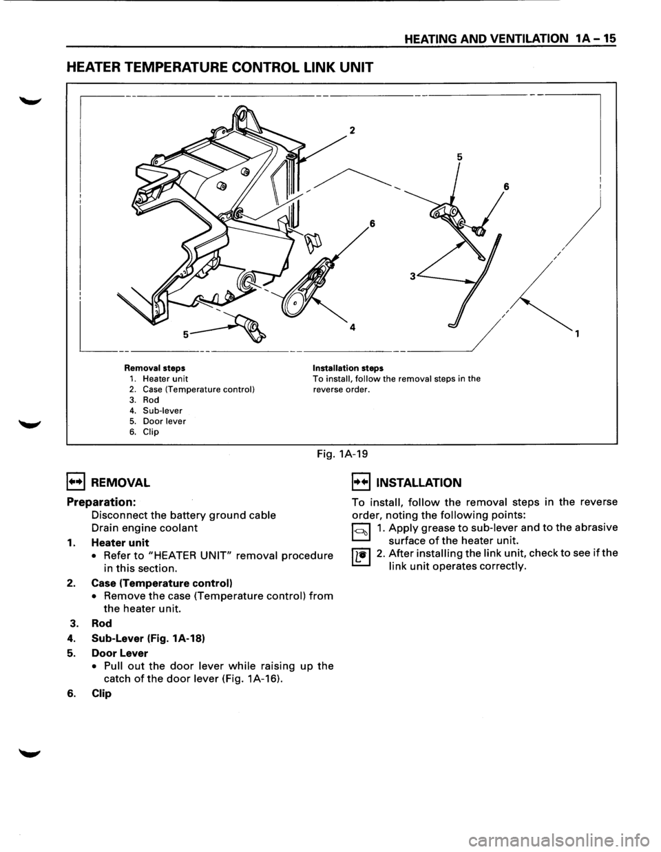 ISUZU TROOPER 1995  Workshop Manual HEATING AND VENTILATION 1A-15 
HEATER TEMPERATURE CONTROL  LINK UNIT 
5 
6 
/ / 
I I 
) 
1 
Removal steps Installation steps 1. Heater unit 2. Case (Temperature control) To install, follow the removal