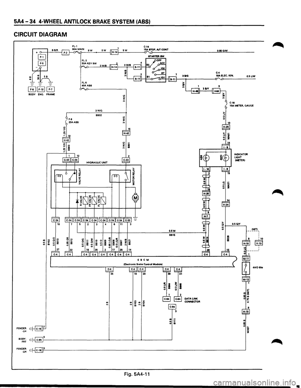 ISUZU TROOPER 1995  Workshop Manual 5A4-34 4-WHEEL ANTILOCK BRAKE SYSTEM  (ABS) 
CIRCUIT DIAGRAM 
FENDER -LH 
BODY· FRT 
FENDER -LH 
+ o-----J----'8:..:8:..:/R~ 
B 
EJ 
~~B BODY ENG. FRAME 
II 
11~5 
II C-16 
E  8 C M 
Fig. 5A4-11 