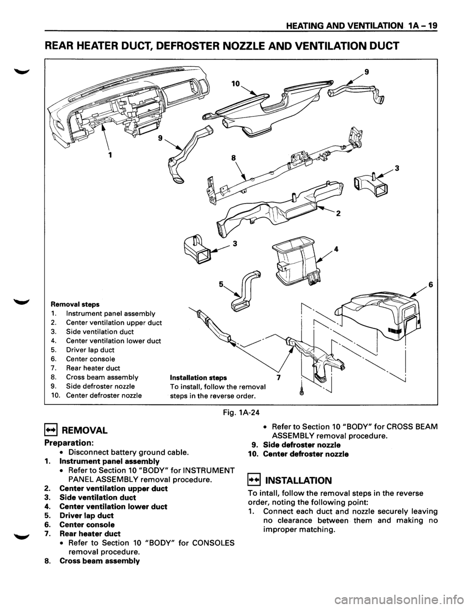ISUZU TROOPER 1995  Workshop Manual HEATING AND VENTILATION 1A-19 
REAR HEATER  DUCT, DEFROSTER  NOZZLE AND VENTILATION DUCT 
6 
Removal steps 
1. Instrument panel assembly 
2. Center ventilation upper duct 
3. Side ventilation duct 
4.