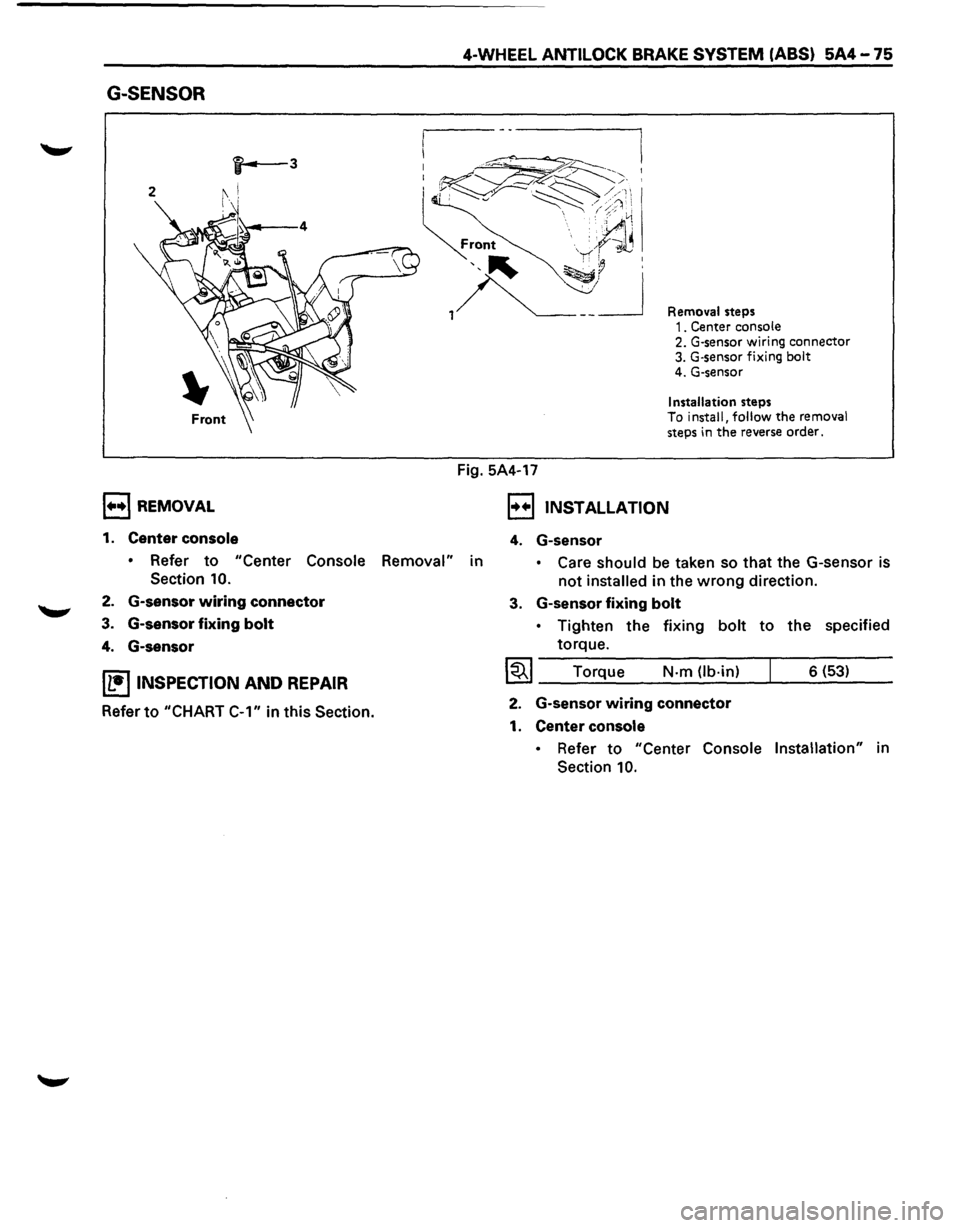 ISUZU TROOPER 1995  Workshop Manual G-SENSOR 
, .... ,REMOVAL 
1. Center console 
4-WHEEL ANTILOCK BRAKE SYSTEM (ABS) 5A4-75 
Fig. 5A4-17 
Removal steps 1. Center console 2.  G-sensor  wiring connector 3. G·sensor fixing bolt 4. G-sens