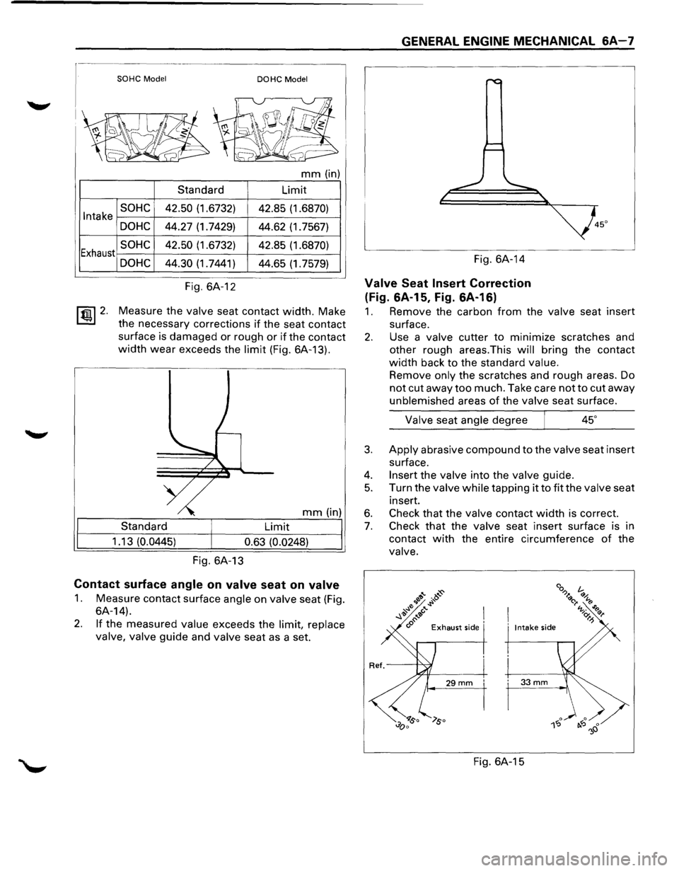 ISUZU TROOPER 1995  Workshop Manual Intake 
Exhaust 
~ 2. 
SOHC Model DOHC Model 
mm (in) 
Standard  Limit 
SOHC 42.50 (1.6732) 
42.85 (1.6870) 
DOHC 44.27  (1.7429) 
44.62 (1.7567) 
SOHC 42.50 (1.6732)  42.85 (1.6870) 
DOHC 44.30 (1.74