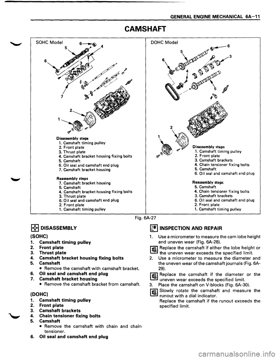 ISUZU TROOPER 1995  Workshop Manual GENERAL ENGINE MECHANICAL 6A-11 
CAMSHAFT 
SOHC Model 
6 7 
1 
Disassembly  steps 
1. Camshaft timing pulley 
2. Front plate 
3. Thrust plate 4.  Camshaft  bracket housing  fixing bolts 
5. Camshaft 6