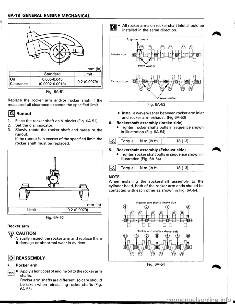 ISUZU TROOPER 1995 Workshop Manual 6A-18 GENERAL ENGINE MECHANICAL
Oil
Clearance
Standard
0.005-0.045
(0.0002-0.0018)
Fig. 6A-51
mm (in)
Limit
0.2 (0.0079)
Replace the rocker arm and/or rocker shaft if the
measured
oil ISUZU TROOPER 1995 Workshop Manual 6A-18 GENERAL ENGINE MECHANICAL
Oil
Clearance
Standard
0.005-0.045
(0.0002-0.0018)
Fig. 6A-51
mm (in)
Limit
0.2 (0.0079)
Replace the rocker arm and/or rocker shaft if the
measured
oil