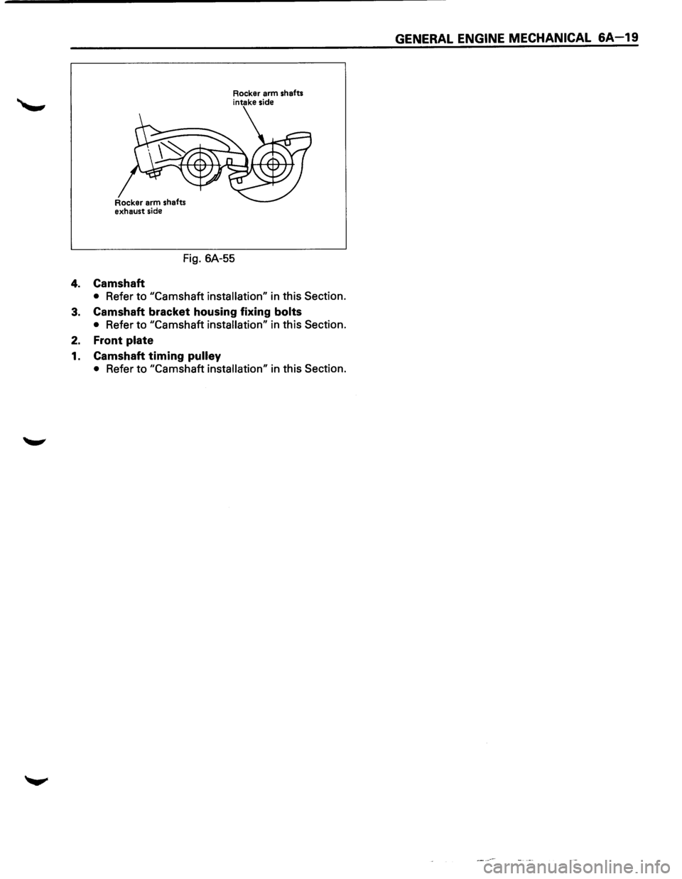 ISUZU TROOPER 1995  Workshop Manual Rocker arm shafts 
intake  side 
Fig. 6A-55 
4. Camshaft 
• Refer to "Camshaft  installation" in this  Section. 
3. Camshaft  bracket housing  fixing bolts 
• Refer to "Camshaft  installation" in 