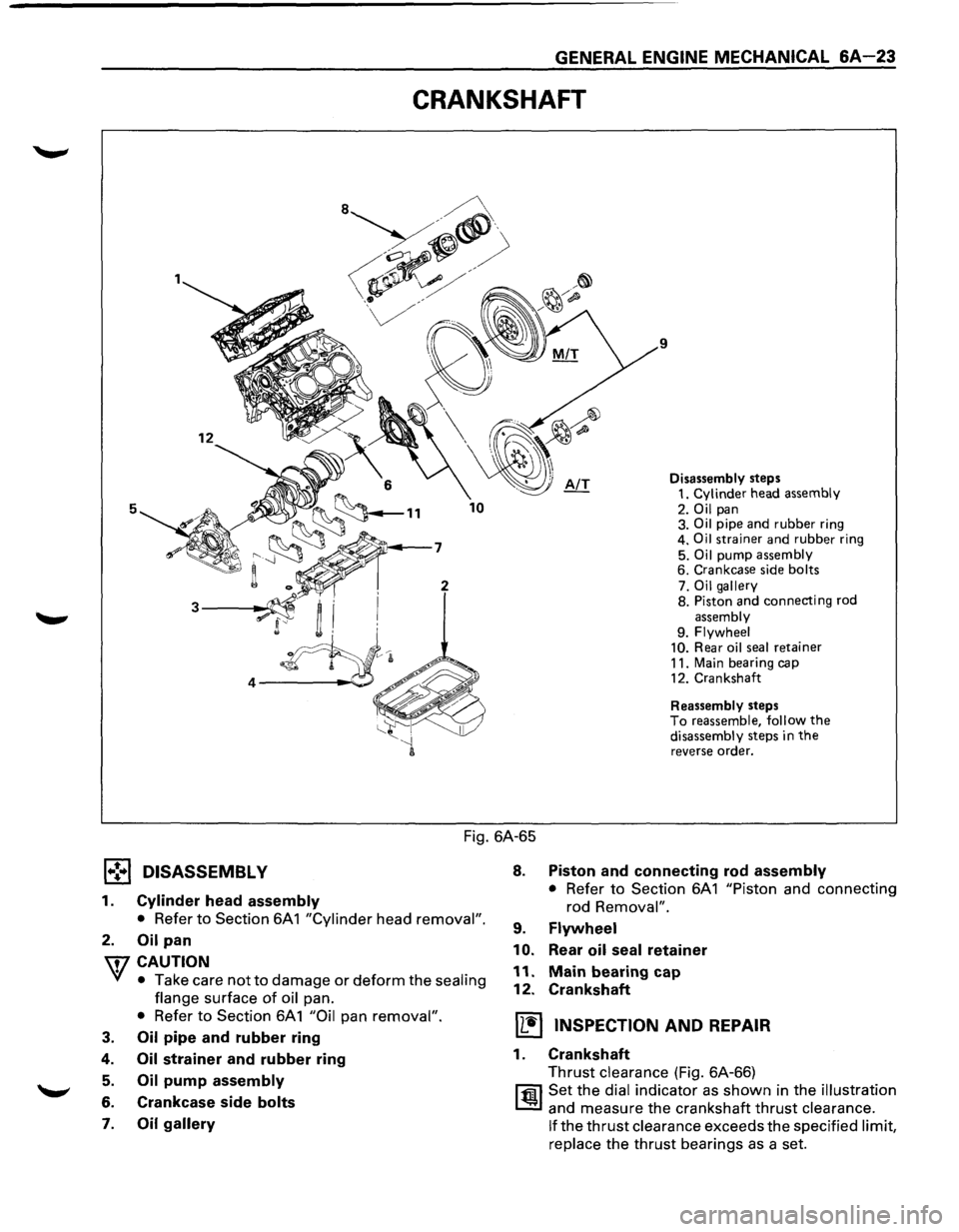 ISUZU TROOPER 1995 Workshop Manual GENERAL ENGINE MECHANICAL 6A-23
CRANKSHAFT
9
5
Disassembly steps
1. Cylinder head assembly
2. Oil pan
3. Oil pipe and rubber ring
4. Oil strainer and rubber ring
5.
Oil pump assembly 6. Cra ISUZU TROOPER 1995 Workshop Manual GENERAL ENGINE MECHANICAL 6A-23
CRANKSHAFT
9
5
Disassembly steps
1. Cylinder head assembly
2. Oil pan
3. Oil pipe and rubber ring
4. Oil strainer and rubber ring
5.
Oil pump assembly 6. Cra