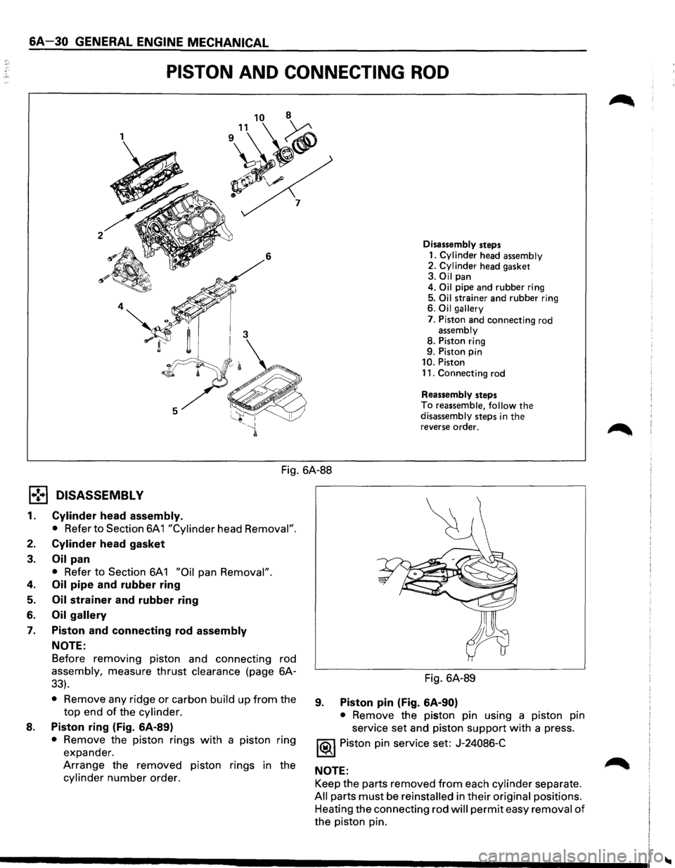 ISUZU TROOPER 1995 Workshop Manual 6A-30 GENERAL ENGINE MECHANICAL
PISTON AND CONNECTING ROD
1
~~ $ 7
2 6 Disassembly
steps
1. Cylinder head assembly 2. Cylinder head gasket 3. Oil pan
4. Oil pipe and rubber ring
5. Oil strai ISUZU TROOPER 1995 Workshop Manual 6A-30 GENERAL ENGINE MECHANICAL
PISTON AND CONNECTING ROD
1
~~ $ 7
2 6 Disassembly
steps
1. Cylinder head assembly 2. Cylinder head gasket 3. Oil pan
4. Oil pipe and rubber ring
5. Oil strai