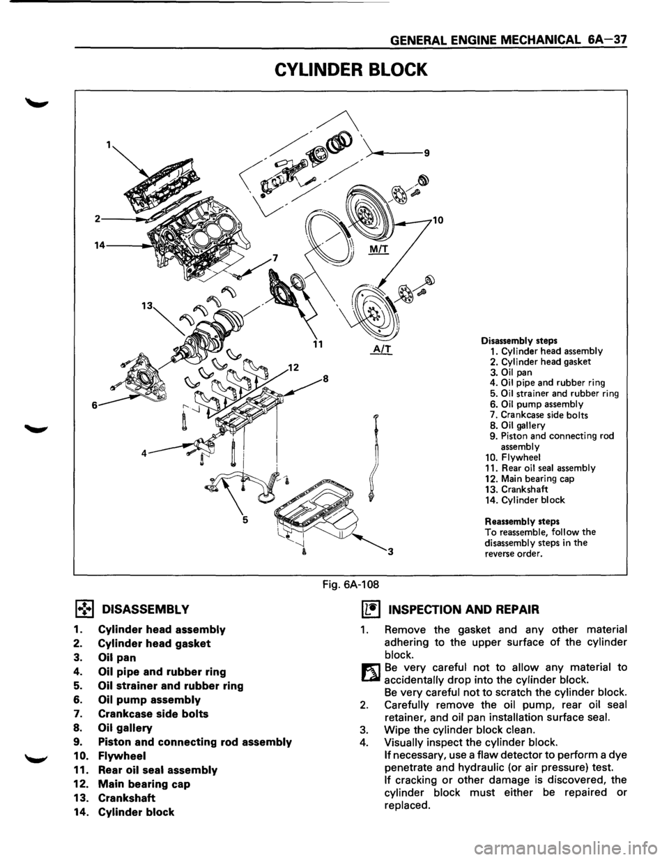 ISUZU TROOPER 1995 Workshop Manual GENERAL ENGINE MECHANICAL 6A-37
CYLINDER BLOCK
1.,!•1 DISASSEMBL V
1. Cylinder head assembly
2. Cylinder head gasket
3. Oil pan
4. Oil pipe and rubber ring
5. Oil strainer and rubber ring ISUZU TROOPER 1995 Workshop Manual GENERAL ENGINE MECHANICAL 6A-37
CYLINDER BLOCK
1.,!•1 DISASSEMBL V
1. Cylinder head assembly
2. Cylinder head gasket
3. Oil pan
4. Oil pipe and rubber ring
5. Oil strainer and rubber ring