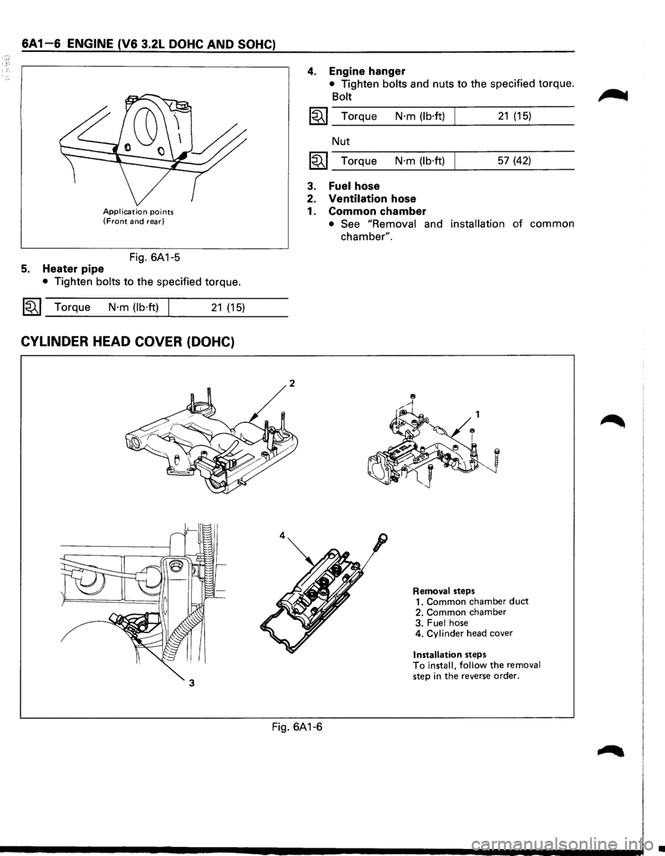 ISUZU TROOPER 1995  Workshop Manual 6A1-6 ENGINE (V6 3.2L DOHC AND SOHC) 
Application points (Front and rear) 
Fig.  6A1-5 
5. Heater  pipe 
• Tighten bolts to the  specified  torque. 
~~~ Torque N·m (lb·ft) I 21 (15) 
CYLINDER HEAD