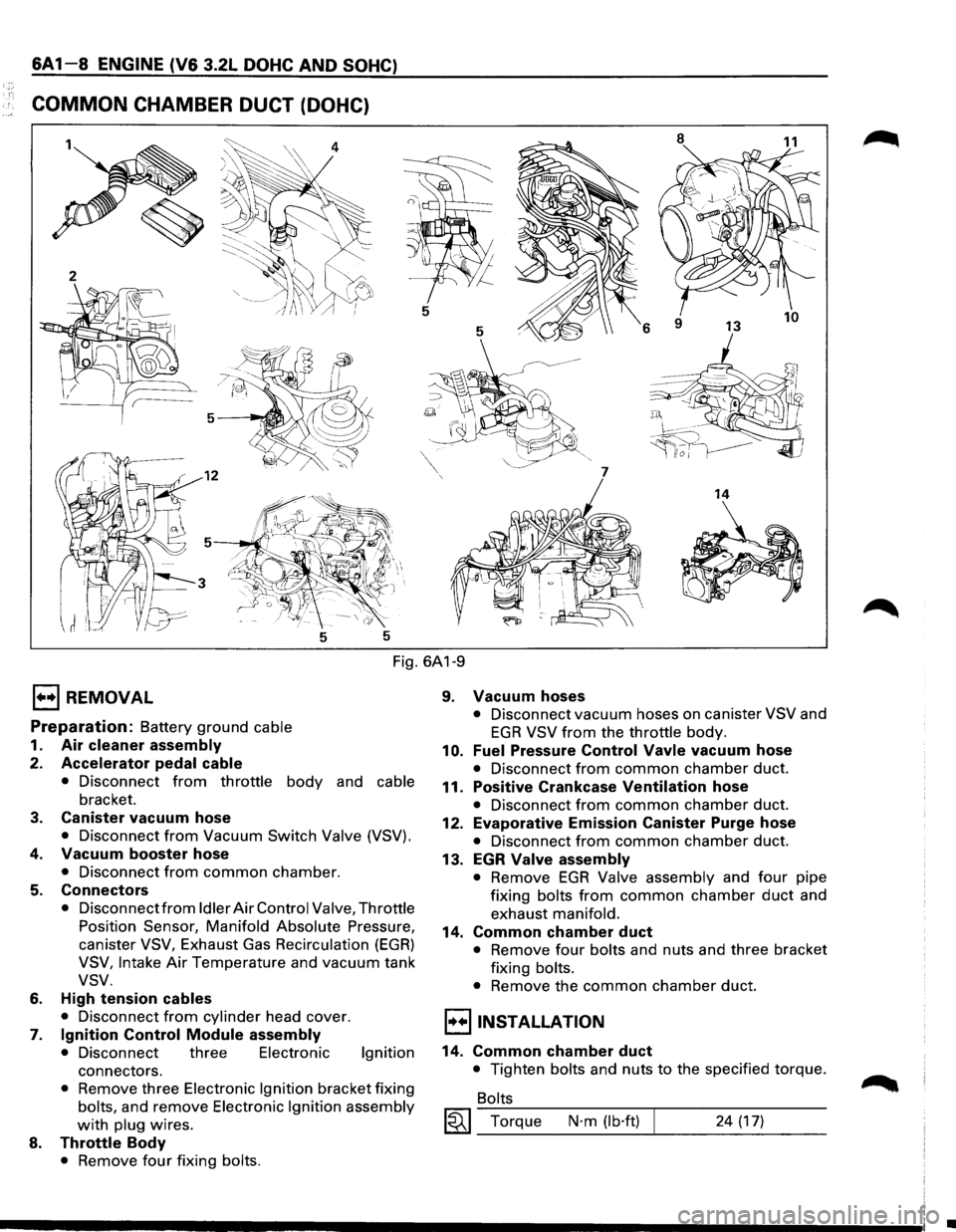 ISUZU TROOPER 1995 Workshop Manual 6A1-8 ENGINE (V6 3.2L DOHC AND SOHC)
COMMON CHAMBER DUCT (DOHC)
8
11
5
5
6
7
14
5 5
Fig. 6A1-9
E) REMOVAL
Preparation: Battery ground cable
1. Air cleaner assembly
2. Accelerator peda ISUZU TROOPER 1995 Workshop Manual 6A1-8 ENGINE (V6 3.2L DOHC AND SOHC)
COMMON CHAMBER DUCT (DOHC)
8
11
5
5
6
7
14
5 5
Fig. 6A1-9
E) REMOVAL
Preparation: Battery ground cable
1. Air cleaner assembly
2. Accelerator peda
