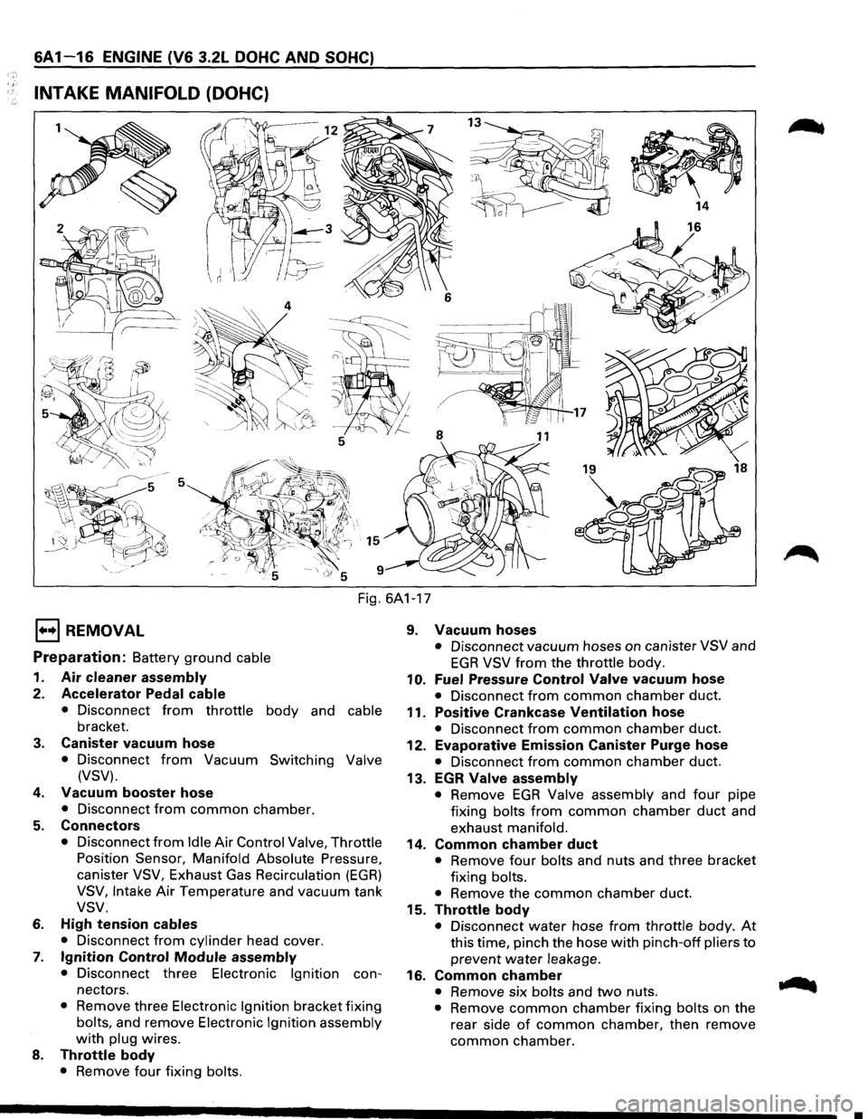ISUZU TROOPER 1995 Workshop Manual .,
6A1-16 ENGINE (V6 3.2L DOHC AND SOHC}
INTAKE MANIFOLD (DOHC)
Fig. 6A1-17
1••1 REMOVAL
Preparation: Battery ground cable
1. Air cleaner assembly
2. Accelerator Pedal cable
• Disconn ISUZU TROOPER 1995 Workshop Manual .,
6A1-16 ENGINE (V6 3.2L DOHC AND SOHC}
INTAKE MANIFOLD (DOHC)
Fig. 6A1-17
1••1 REMOVAL
Preparation: Battery ground cable
1. Air cleaner assembly
2. Accelerator Pedal cable
• Disconn