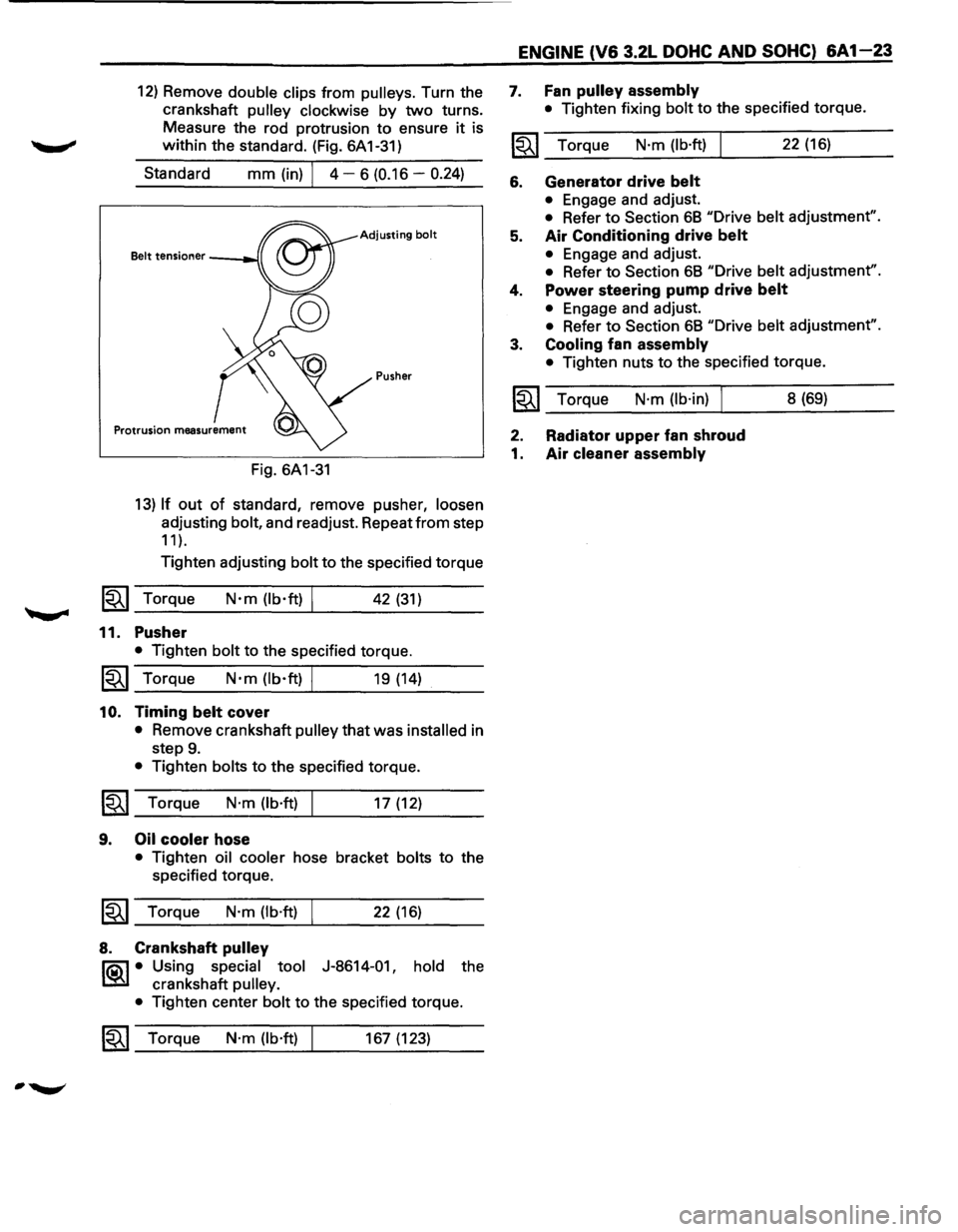 ISUZU TROOPER 1995 Workshop Manual 12) Remove double clips from pulleys. Turn the
crankshaft
pulley clockwise by two turns.
Measure the rod protrusion to ensure
it is
within the standard. (Fig. 6A 1-31)
Standard
mm (in) I ISUZU TROOPER 1995 Workshop Manual 12) Remove double clips from pulleys. Turn the
crankshaft
pulley clockwise by two turns.
Measure the rod protrusion to ensure
it is
within the standard. (Fig. 6A 1-31)
Standard
mm (in) I