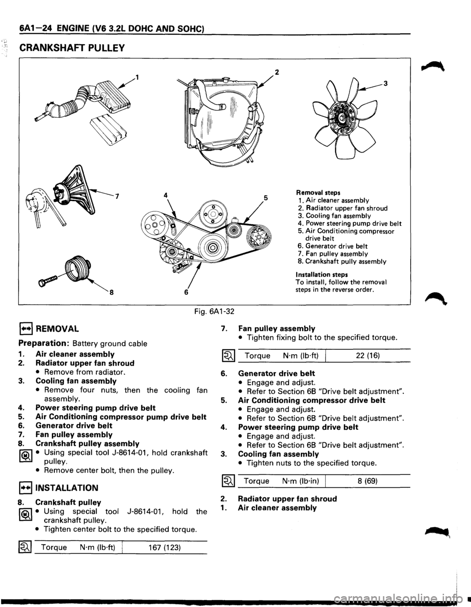 ISUZU TROOPER 1995 Workshop Manual , r;
6A 1-24 ENGINE (V6 3.2L DOHC AND SOHC)
CRANKSHAFT PULLEY
1 2
7 4
6
3
Removal steps
1. Air
cleaner assembly
2. Radiator upper fan shroud
3. Cooling fan assembly
4. Power steering ISUZU TROOPER 1995 Workshop Manual , r;
6A 1-24 ENGINE (V6 3.2L DOHC AND SOHC)
CRANKSHAFT PULLEY
1 2
7 4
6
3
Removal steps
1. Air
cleaner assembly
2. Radiator upper fan shroud
3. Cooling fan assembly
4. Power steering