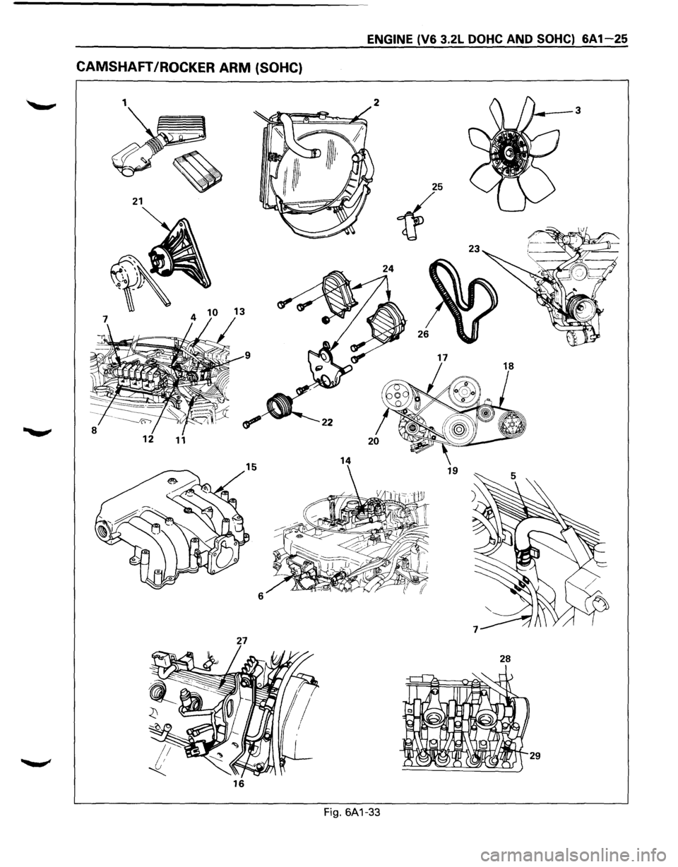 ISUZU TROOPER 1995  Workshop Manual ENGINE (V6 3.2L DOHC AND SOHC) 6A1-25 
CAMSHAFT /ROCKER ARM (SOHC) 
1 
25 
21 
1{ 
24 
10 13 
17 
12 11 
14 19 
6 
27 
28 
16 
Fig.  6A1-33  