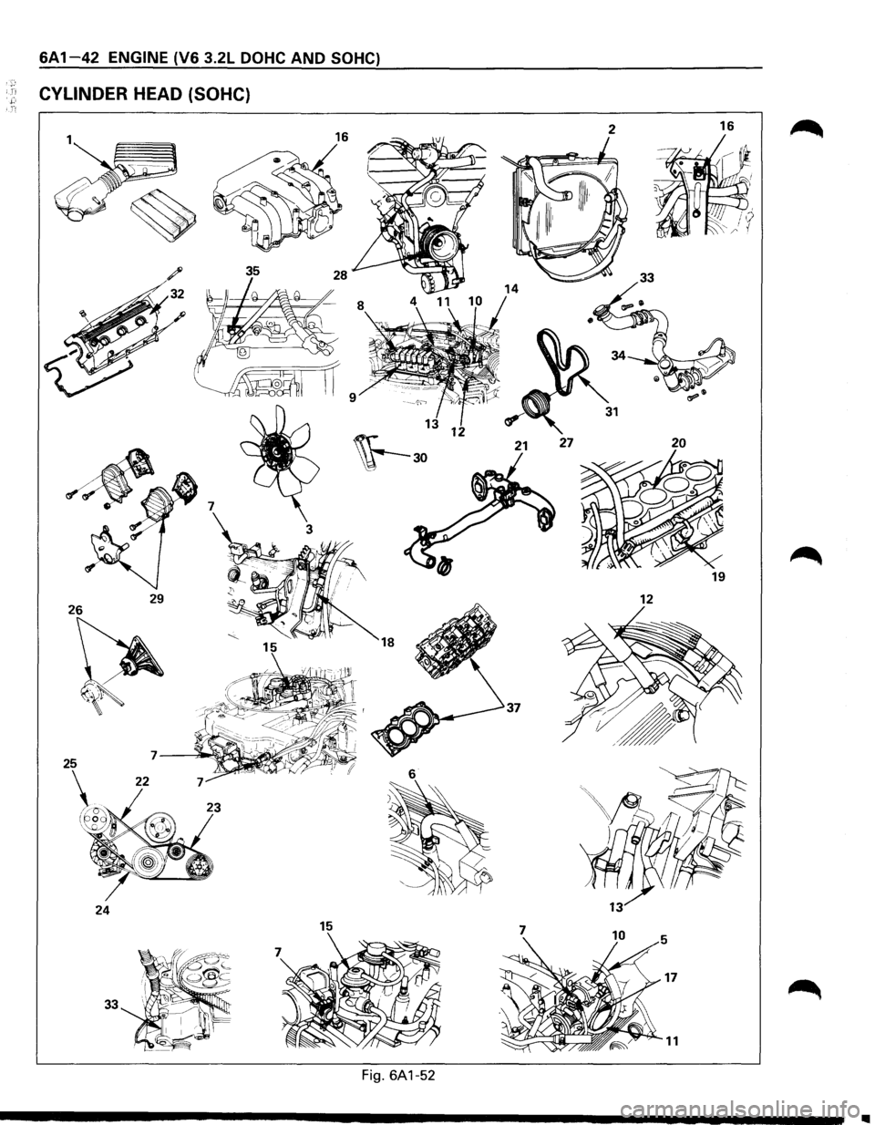 ISUZU TROOPER 1995  Workshop Manual 6A 1-42 ENGINE (V6 3.2L DOHC AND SOHC) 
CYLINDER HEAD (SOHC) 
16 2 16 
33 
1 
~30 
27 20 
19 
37 
6 
24 
15 
33 
Fig.  6A1-52 
..  