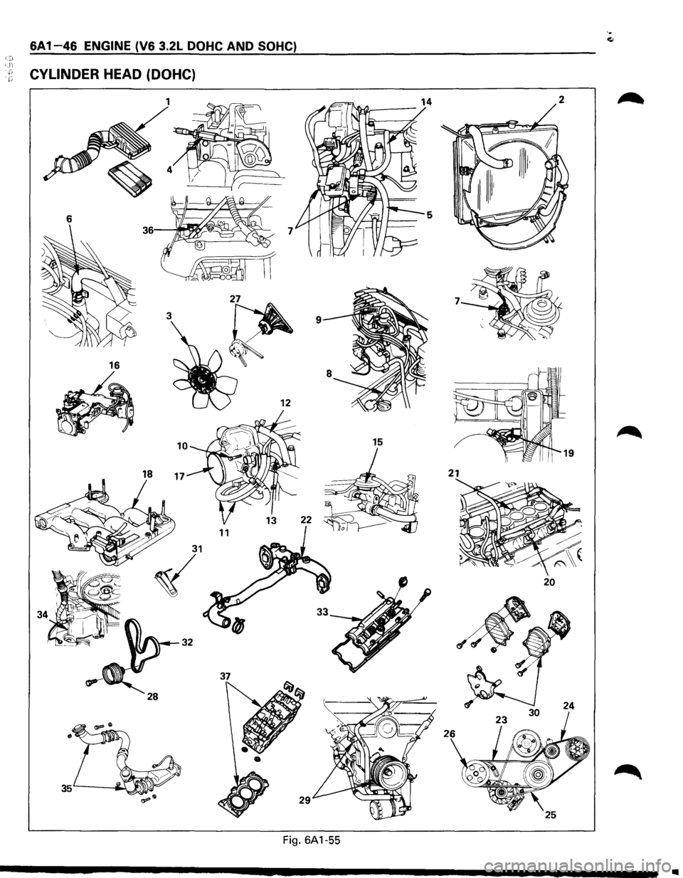 ISUZU TROOPER 1995  Workshop Manual .. 
6A 1-46 ENGINE (V6 3.2L DOHC AND SOHC) ;;:.. 
CYLINDER HEAD (DOHC) 
2 
27 7 
~ 
3 9 
16 
12 
15 
18 17 21 
31 
~ 
32 
Fig. 6A1-55 
..  