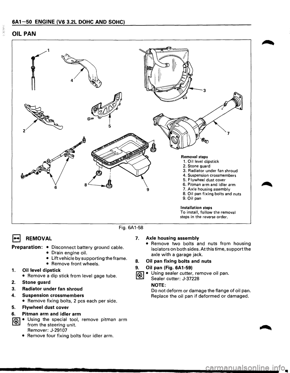 ISUZU TROOPER 1995 Workshop Manual 6A1 50 ENGINE (V6 3.2L DOHC AND SOHC)
OIL PAN
1
6
Removal steps 1. Oil level dipstick
2. Stone guard
3. Radiator under fan shroud
4. Suspension crossmembers
5.
Flywheel dust cover
6. Pi ISUZU TROOPER 1995 Workshop Manual 6A1 50 ENGINE (V6 3.2L DOHC AND SOHC)
OIL PAN
1
6
Removal steps 1. Oil level dipstick
2. Stone guard
3. Radiator under fan shroud
4. Suspension crossmembers
5.
Flywheel dust cover
6. Pi