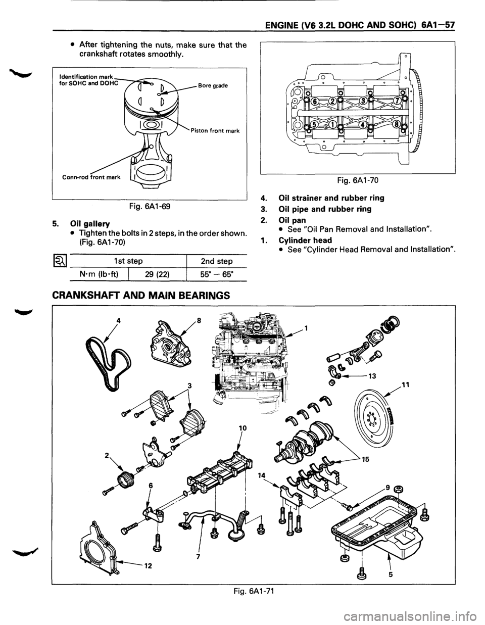 ISUZU TROOPER 1995  Workshop Manual 5. 
• After tightening the nuts,  make  sure that the 
crankshaft  rotates 
smoothly. 
Bore g,rade 
Fig. 6A1-69 
Oil gallery 
• Tighten  the bolts in 2 steps,  in the  order  shown. 
(Fig.  6A1-70