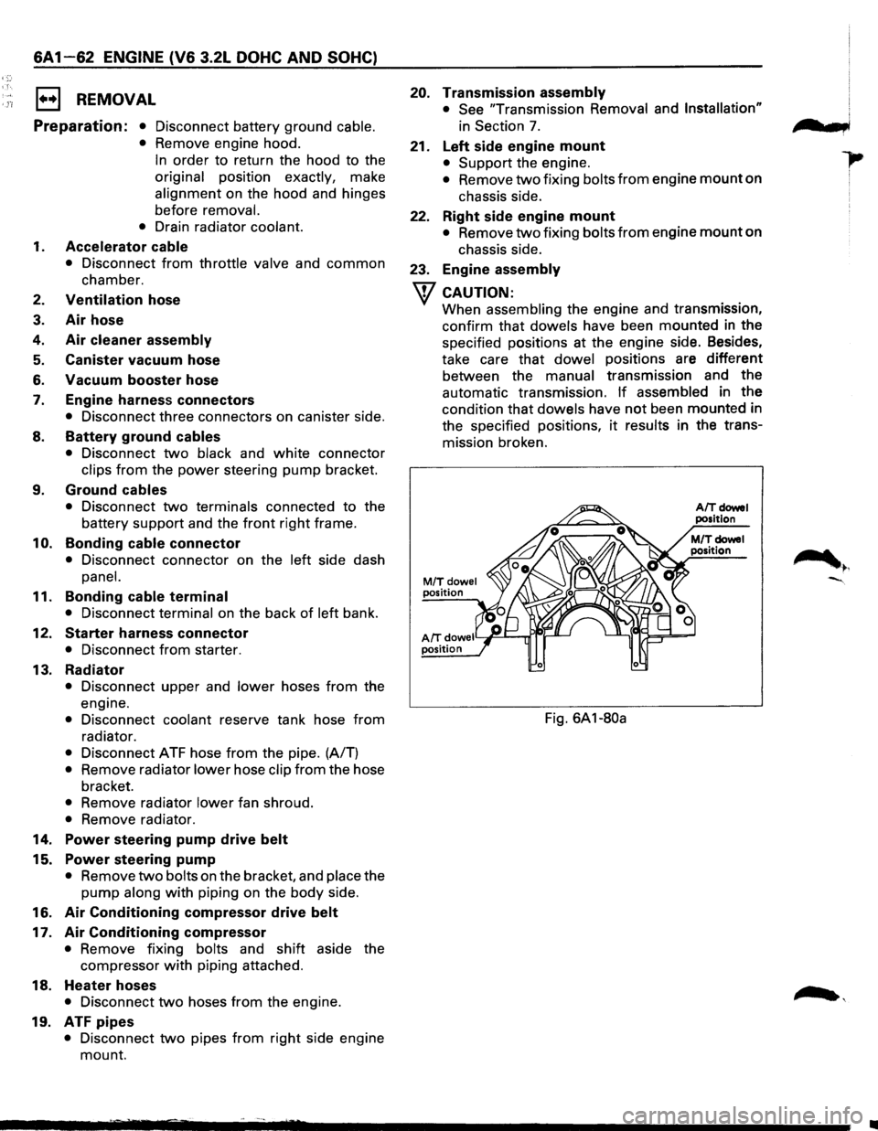 ISUZU TROOPER 1995 Workshop Manual .n
6A1-62 ENGINE (V6 3.2L DOHC AND SOHC)
E) REMOVAL
Preparation: • Disconnect battery ground cable.
• Remove engine hood.
In order to return the hood to the
original position exactly, ISUZU TROOPER 1995 Workshop Manual .n
6A1-62 ENGINE (V6 3.2L DOHC AND SOHC)
E) REMOVAL
Preparation: • Disconnect battery ground cable.
• Remove engine hood.
In order to return the hood to the
original position exactly,