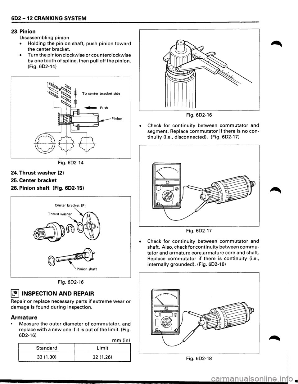 ISUZU TROOPER 1995 Workshop Manual 602 -12 CRANKING SYSTEM
23. Pinion
Disassembling pinion
• Holding the pinion shaft, push pinion toward
the center bracket.
• Turn the pinion clockwise or counterclockwise
by one tooth of ISUZU TROOPER 1995 Workshop Manual 602 -12 CRANKING SYSTEM
23. Pinion
Disassembling pinion
• Holding the pinion shaft, push pinion toward
the center bracket.
• Turn the pinion clockwise or counterclockwise
by one tooth of