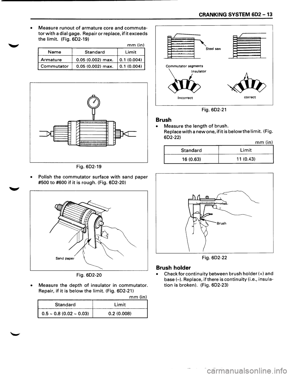 ISUZU TROOPER 1995  Workshop Manual • Measure runout of armature core and commuta­
tor with a dial gage.  Repair or replace, if it exceeds 
the limit. (Fig. 602-19) 
mm(in) 
Name Standard Limit 
Armature 0.05 (0.002) max. 0.1 (0.004)