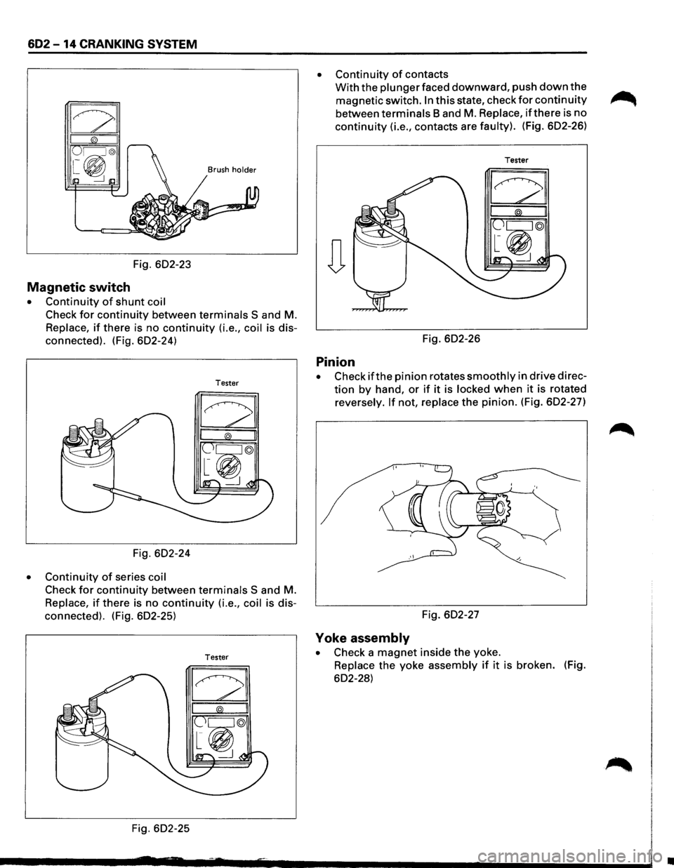 ISUZU TROOPER 1995  Workshop Manual 602-14 CRANKING SYSTEM 
Fig. 602-23 
Magnetic  switch 
• Continuity of shunt coil 
Check for continuity between terminals S and M. 
Replace, if there is no continuity (i.e., coil is dis­
connected)