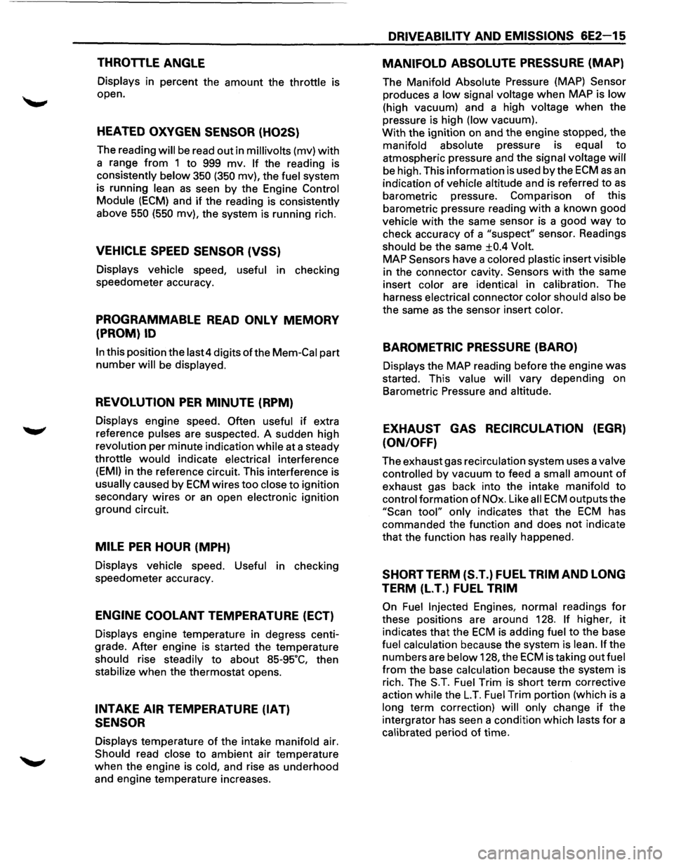 ISUZU TROOPER 1995 Workshop Manual THROTTLE ANGLE
Displays in percent the amount the throttle is
open.
HEATED OXYGEN SENSOR (H02S)
The reading will be read out in millivolts (mv) with
a range from 1 to 999 mv. If the readin ISUZU TROOPER 1995 Workshop Manual THROTTLE ANGLE
Displays in percent the amount the throttle is
open.
HEATED OXYGEN SENSOR (H02S)
The reading will be read out in millivolts (mv) with
a range from 1 to 999 mv. If the readin