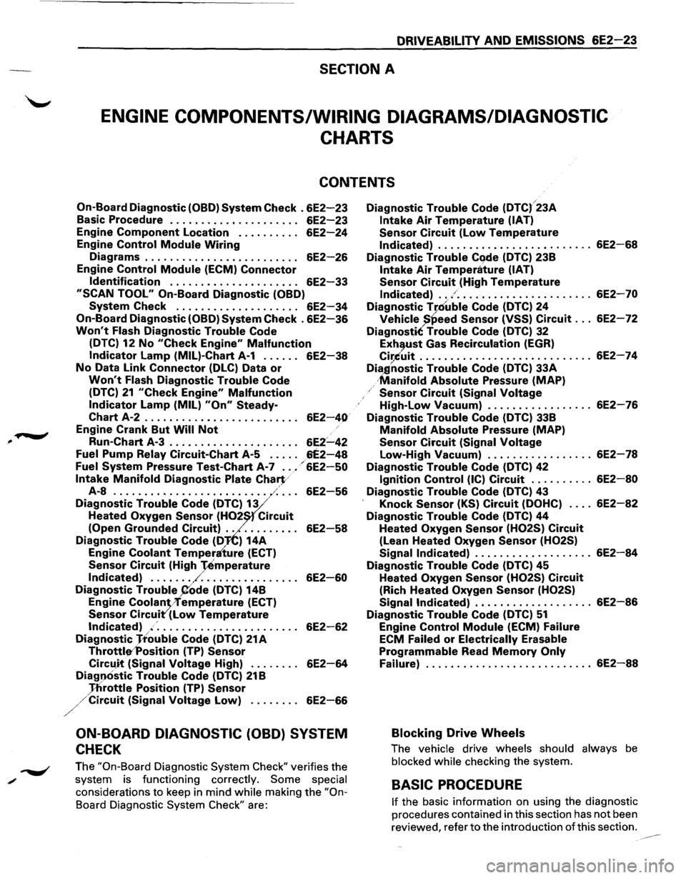 ISUZU TROOPER 1995 Workshop Manual DRIVEABILITY AND EMISSIONS 6E2-23
SECTION A
ENGINE COMPONENTS/WIRING DIAGRAMS/DIAGNOSTIC
CHARTS
CONTENTS
On-Board Diagnostic (OBD} System Check . 6E2-23
Basic Procedure . . . . . . . . . . . . ISUZU TROOPER 1995 Workshop Manual DRIVEABILITY AND EMISSIONS 6E2-23
SECTION A
ENGINE COMPONENTS/WIRING DIAGRAMS/DIAGNOSTIC
CHARTS
CONTENTS
On-Board Diagnostic (OBD} System Check . 6E2-23
Basic Procedure . . . . . . . . . . . .