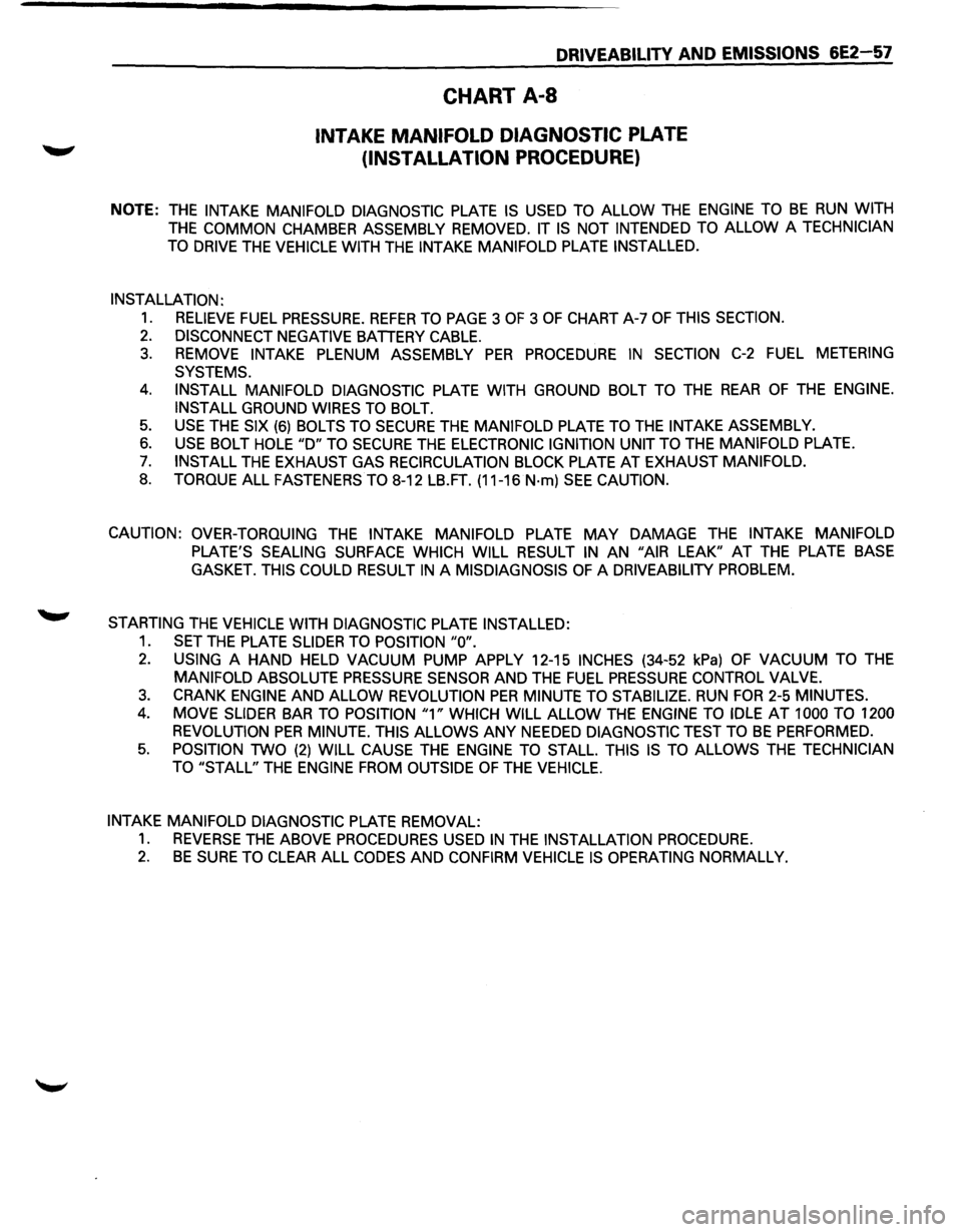 ISUZU TROOPER 1995 Workshop Manual DRIVEABILITY AND EMISSIONS 6E2-57
CHART A-8
INTAKE MANIFOLD DIAGNOSTIC PLATE
(INSTALLATION PROCEDURE)
NOTE: THE INTAKE MANIFOLD DIAGNOSTIC PLATE IS USED TO ALLOW THE ENGINE TO BE RUN WITH
ISUZU TROOPER 1995 Workshop Manual DRIVEABILITY AND EMISSIONS 6E2-57
CHART A-8
INTAKE MANIFOLD DIAGNOSTIC PLATE
(INSTALLATION PROCEDURE)
NOTE: THE INTAKE MANIFOLD DIAGNOSTIC PLATE IS USED TO ALLOW THE ENGINE TO BE RUN WITH